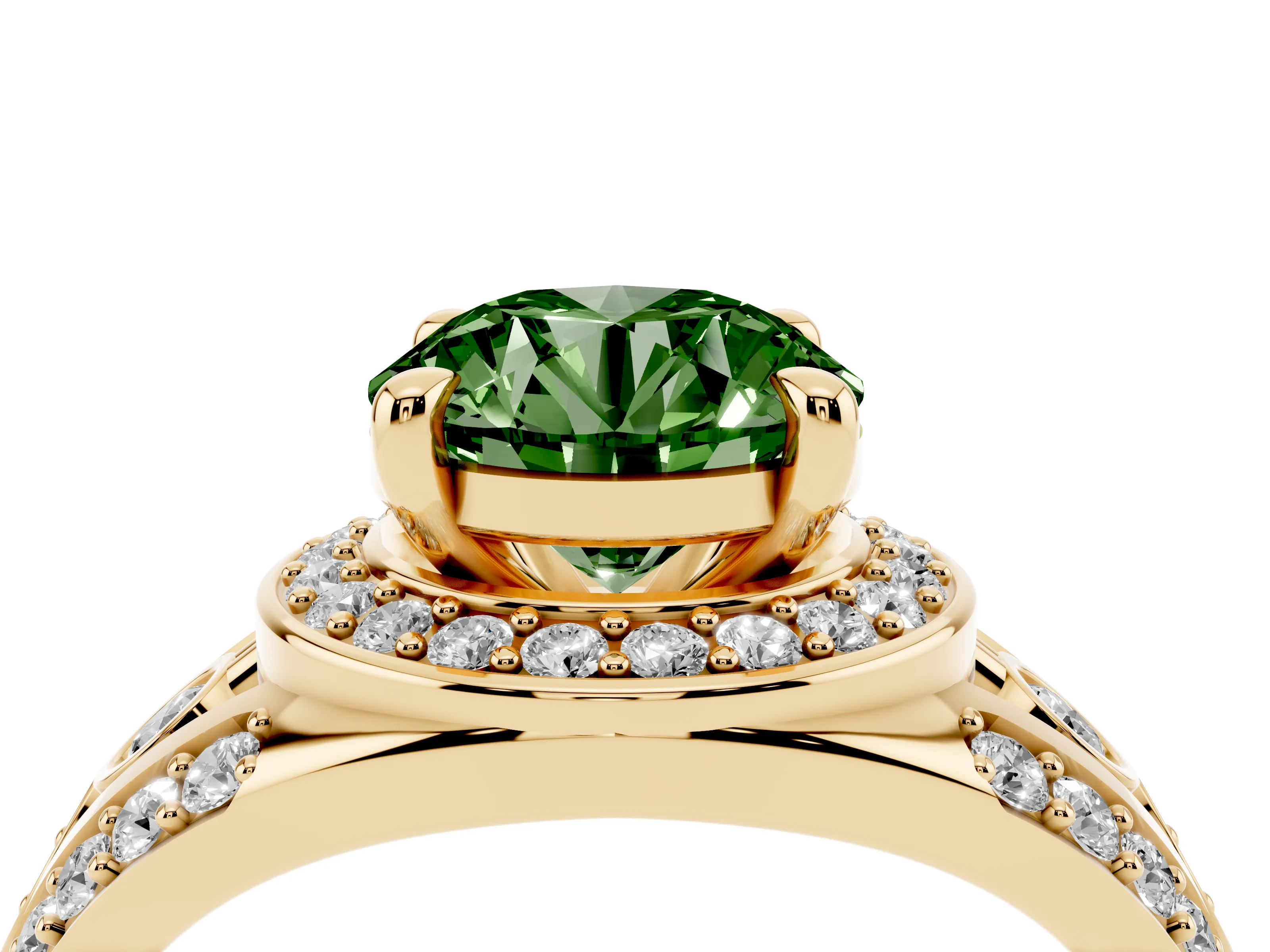 Fancy Green Round Cut Diamond Halo Ring Set in Yellow gold with Pavé Split Shank and Bezel Accents