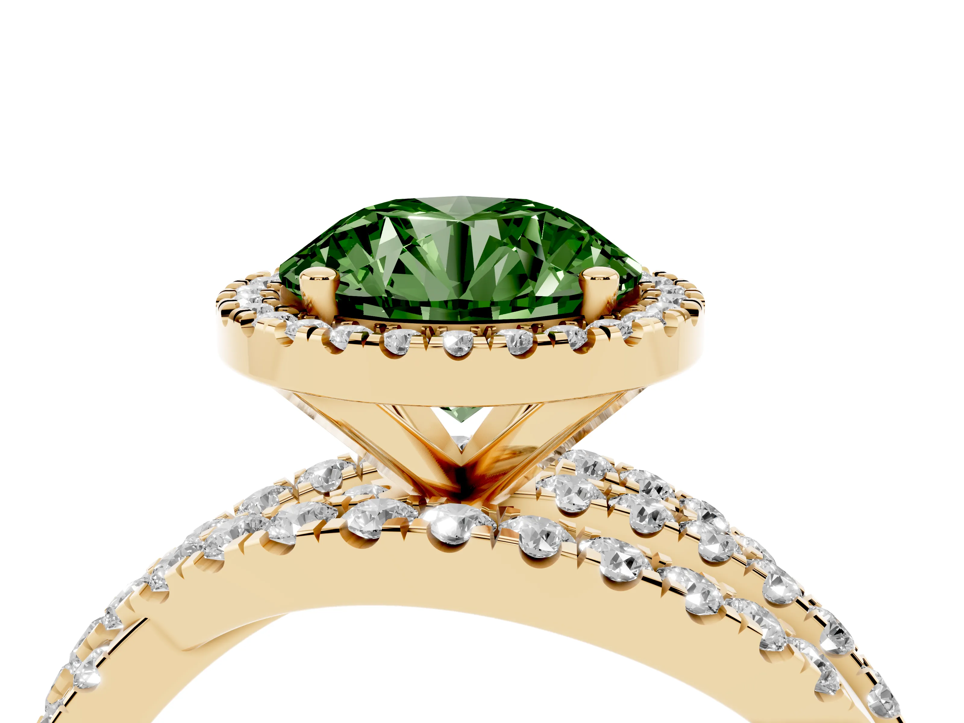 Fancy Green Round Cut Diamond Halo Ring Set in Yellow gold with Round Crossover Split Shank and Prong Setting