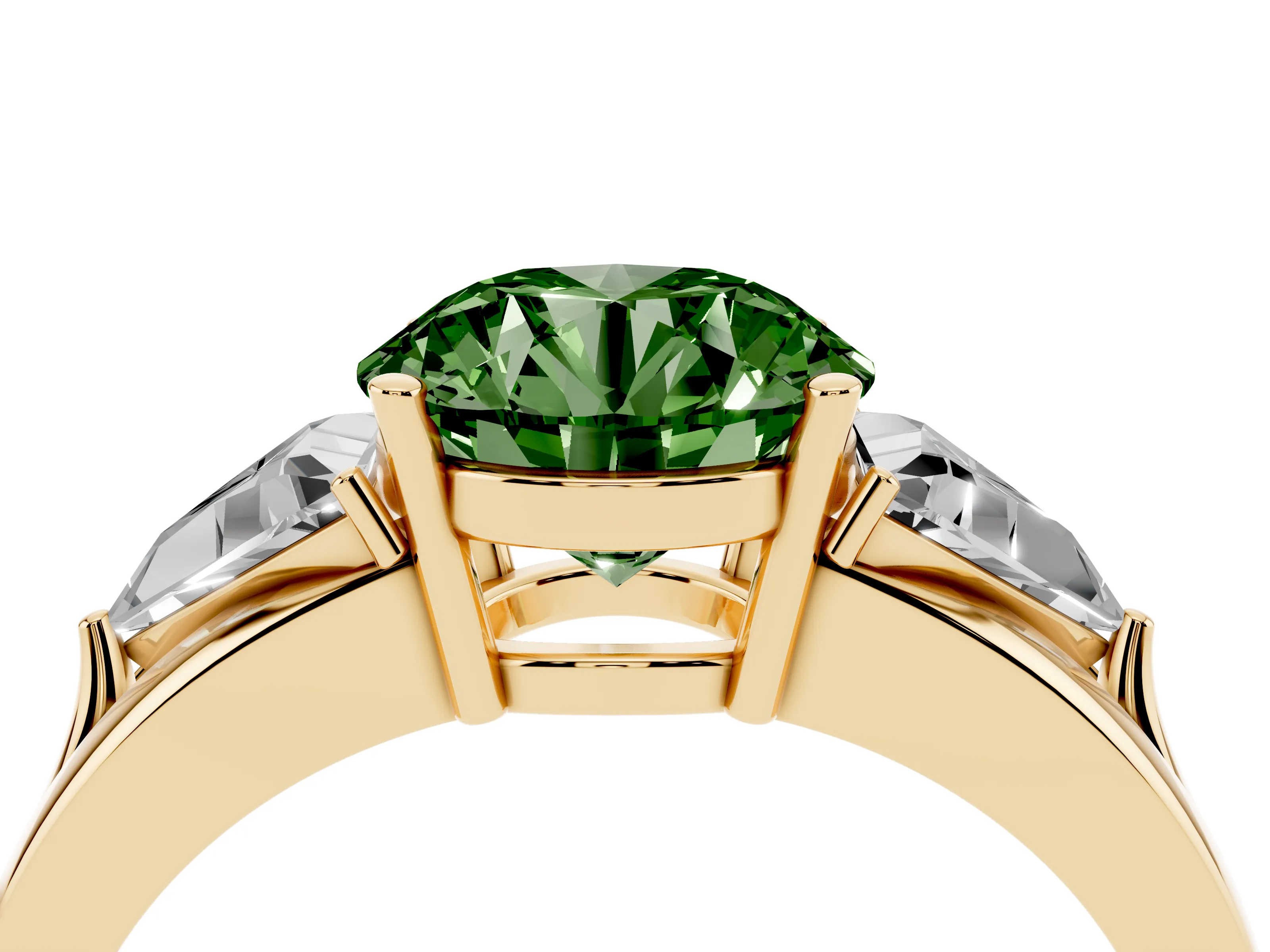 Fancy Green Round Cut Diamond Three-Stone Ring Set in Yellow gold with Trillion Side Stones and Split Shank