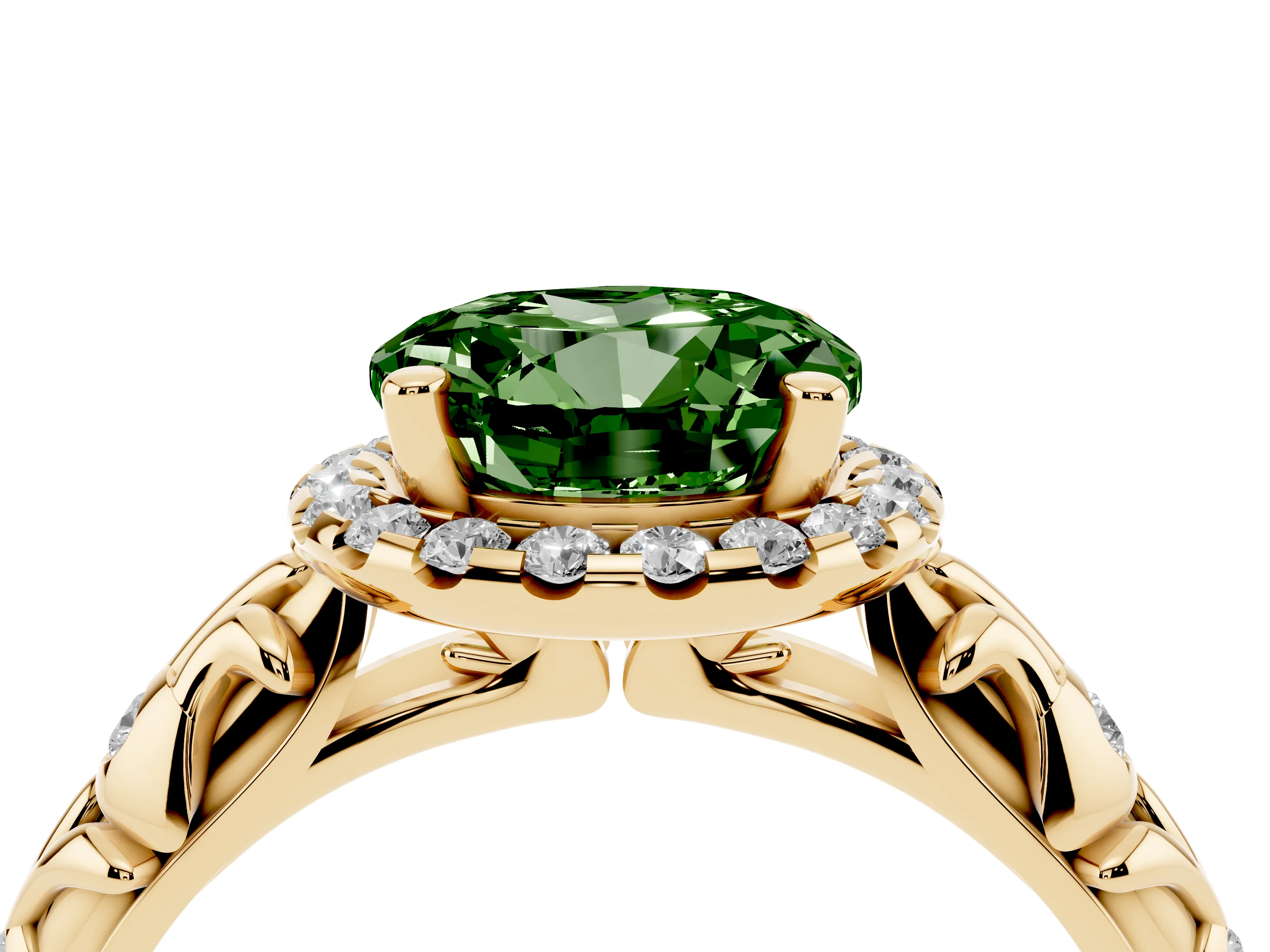 Fancy Green Round Cut Diamond Halo Ring Set in Yellow gold with Filigree Leaf Band and Prong Setting