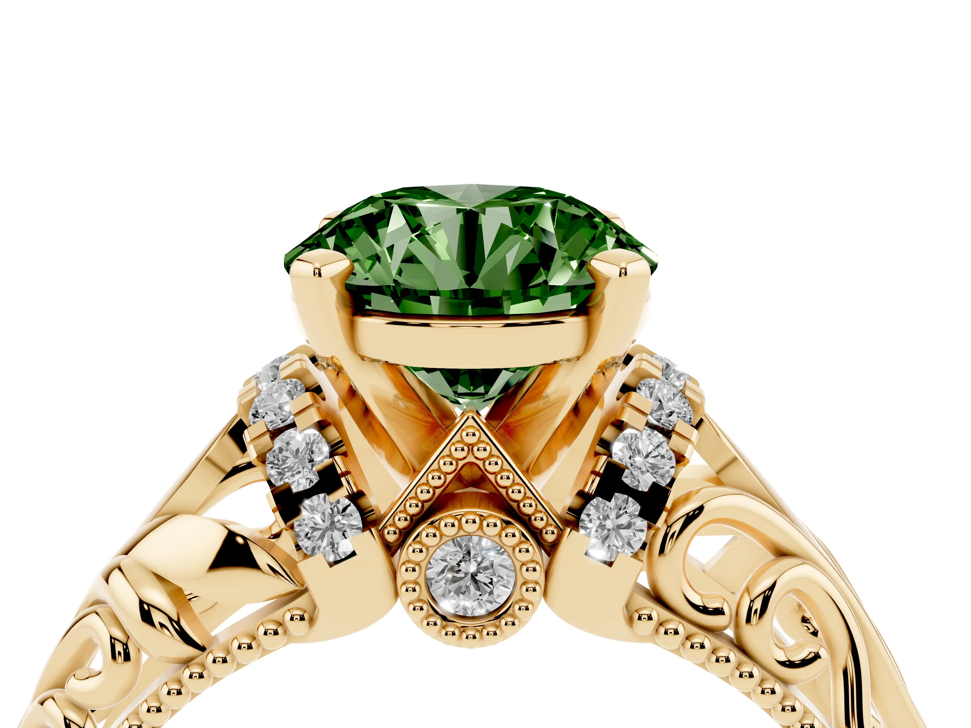 Fancy Green Round Cut Diamond Filigree Halo Engagement Ring Set in Yellow gold with Prong Setting