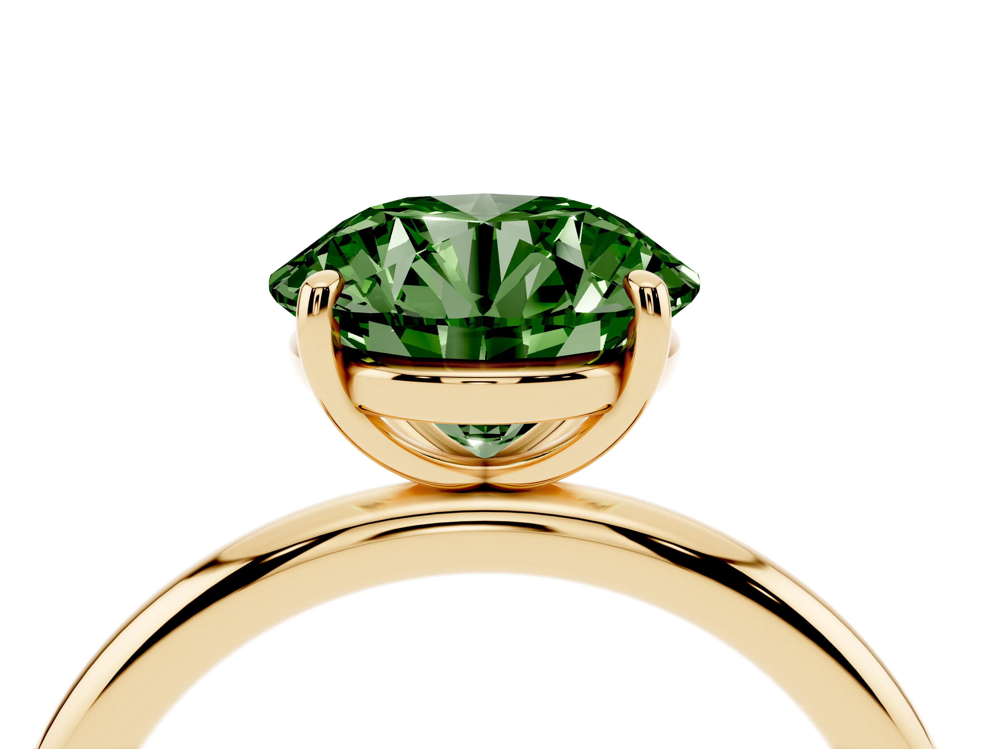 Fancy Green Round Cut Diamond Solitaire Ring Set in Yellow gold with Prong Setting on a Polished Plain Band