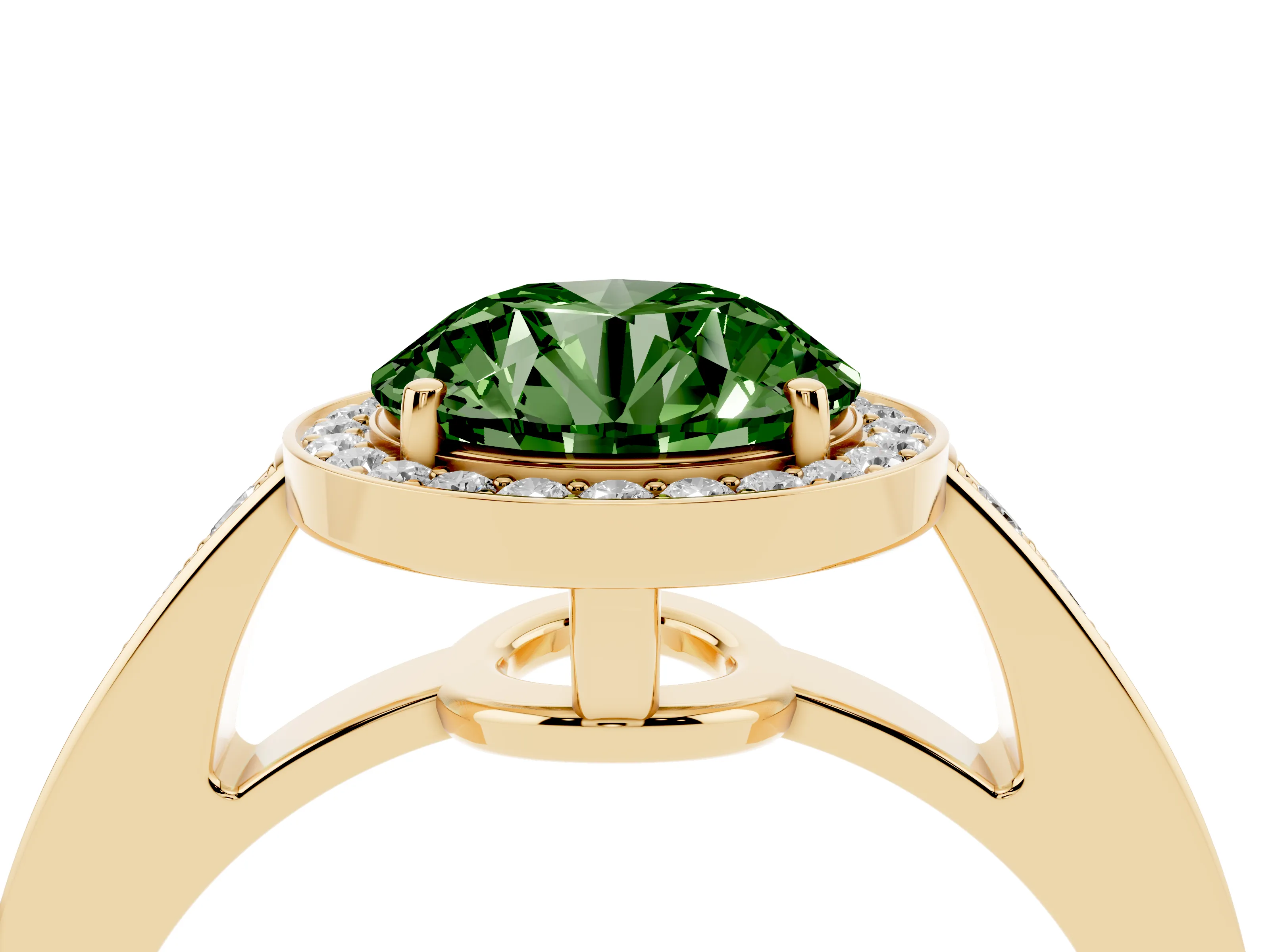 Fancy Green Round Cut Diamond Halo Pavé Engagement Ring Set in Yellow gold with Bezel Setting