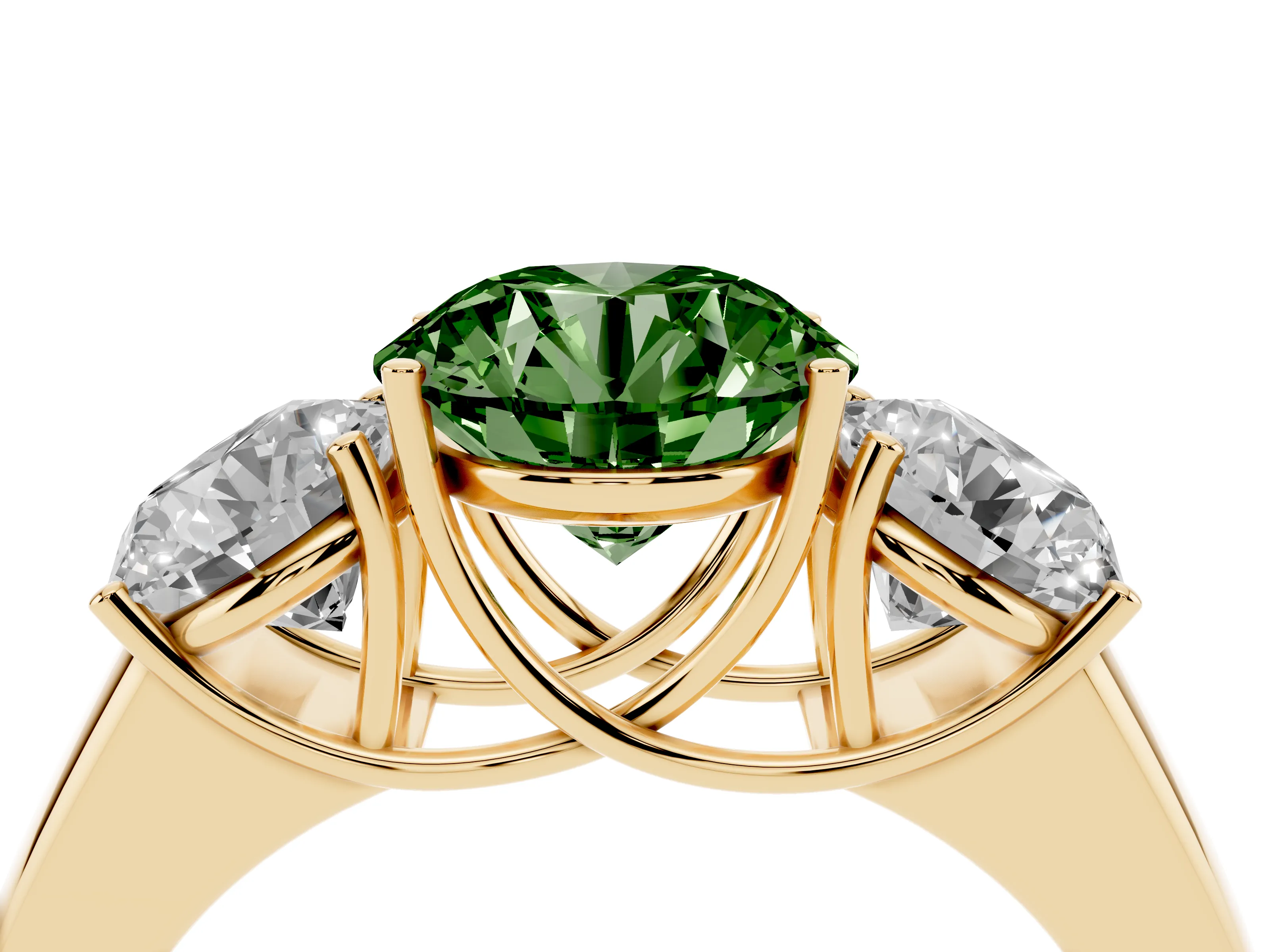 Fancy Green Three-Stone Round Cut Diamond Ring Set in Yellow gold with Matching Prong Settings and Plain Band