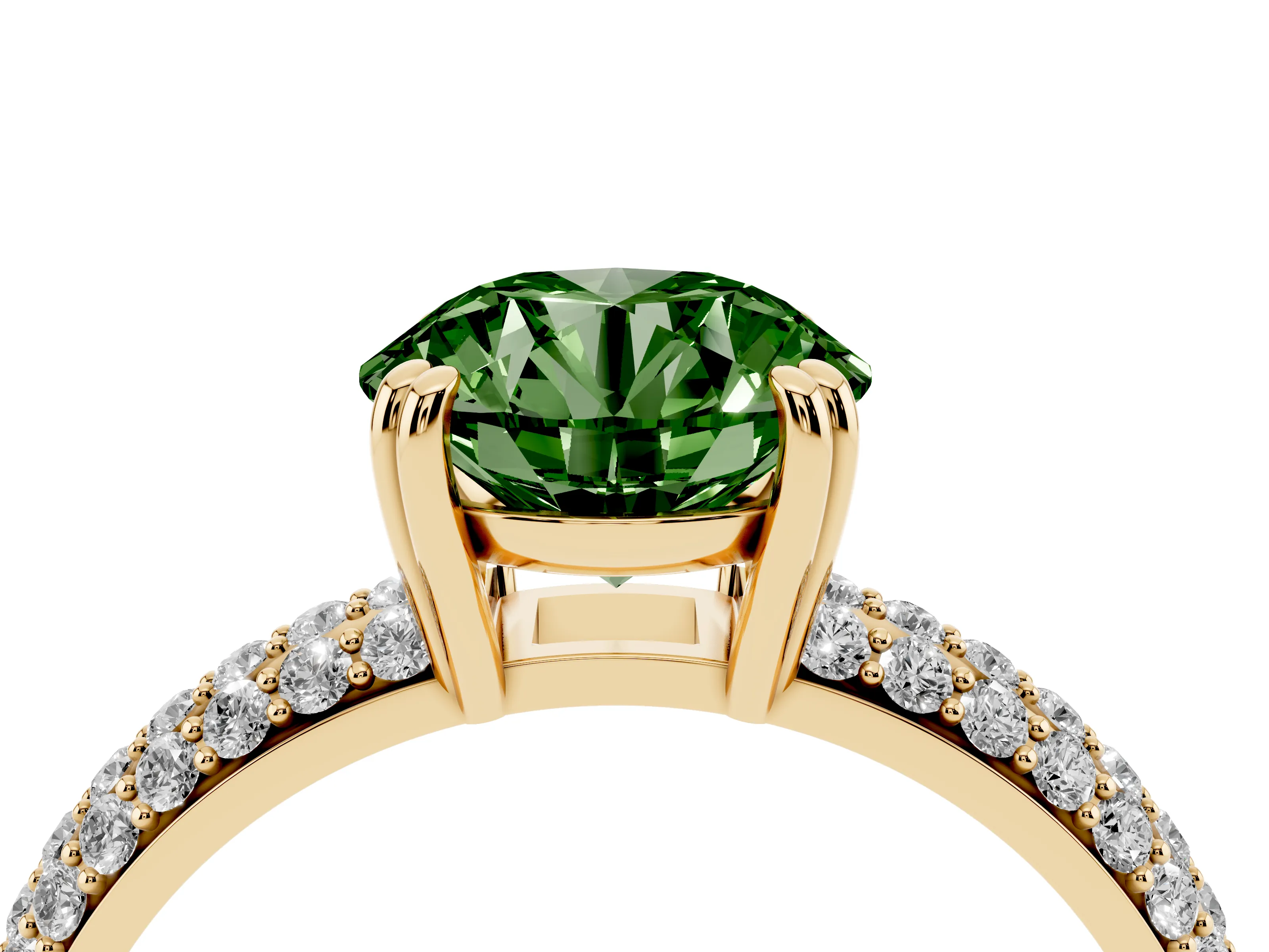 Fancy Green Round Cut Diamond Solitaire Ring Set in Yellow gold with Multi-Row Round Pavé Band and Prong Setting