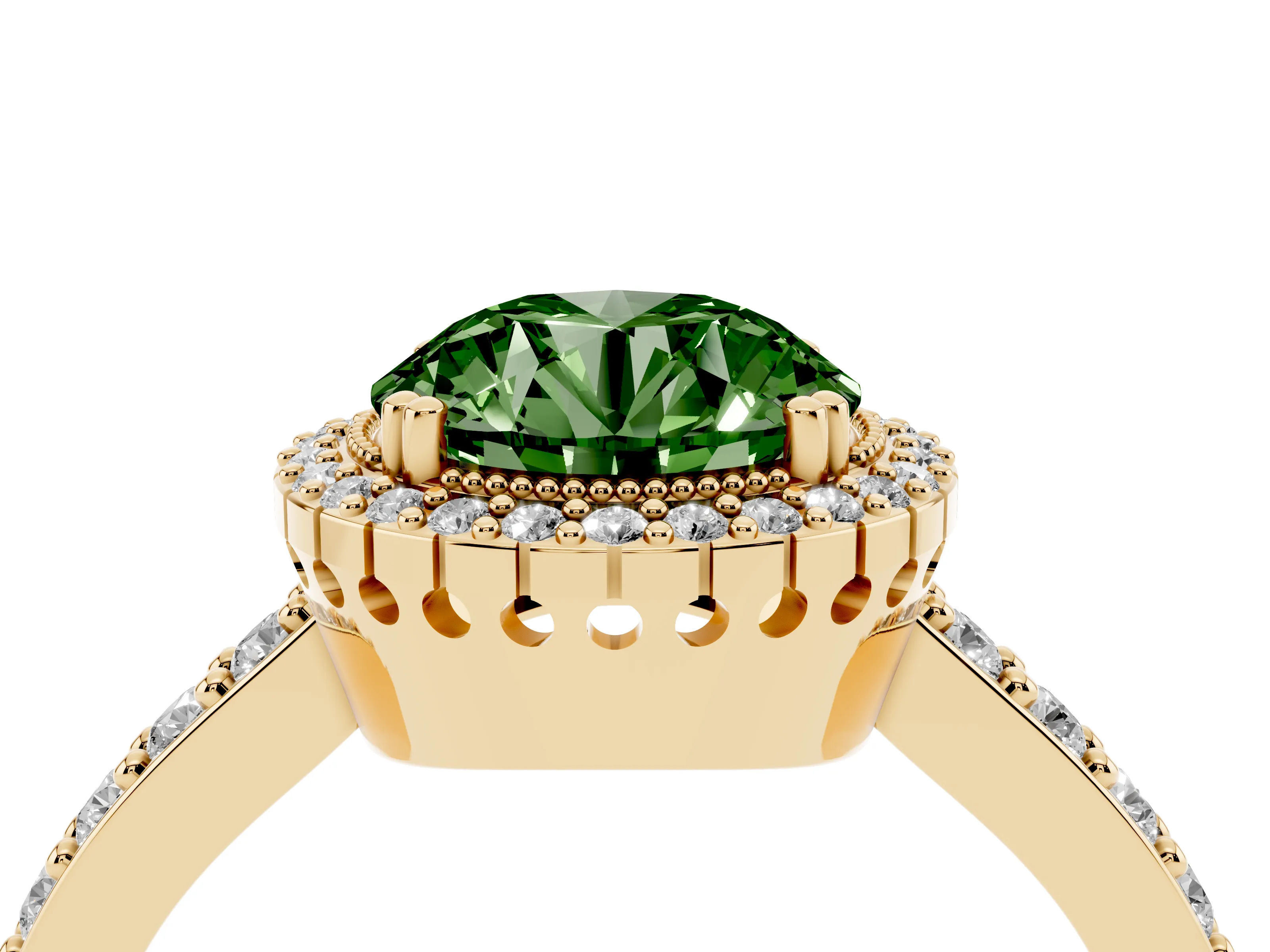 Fancy Green Round Cut Diamond Halo Engagement Ring Set in Yellow gold with Milgrain Detail and Pavé Band