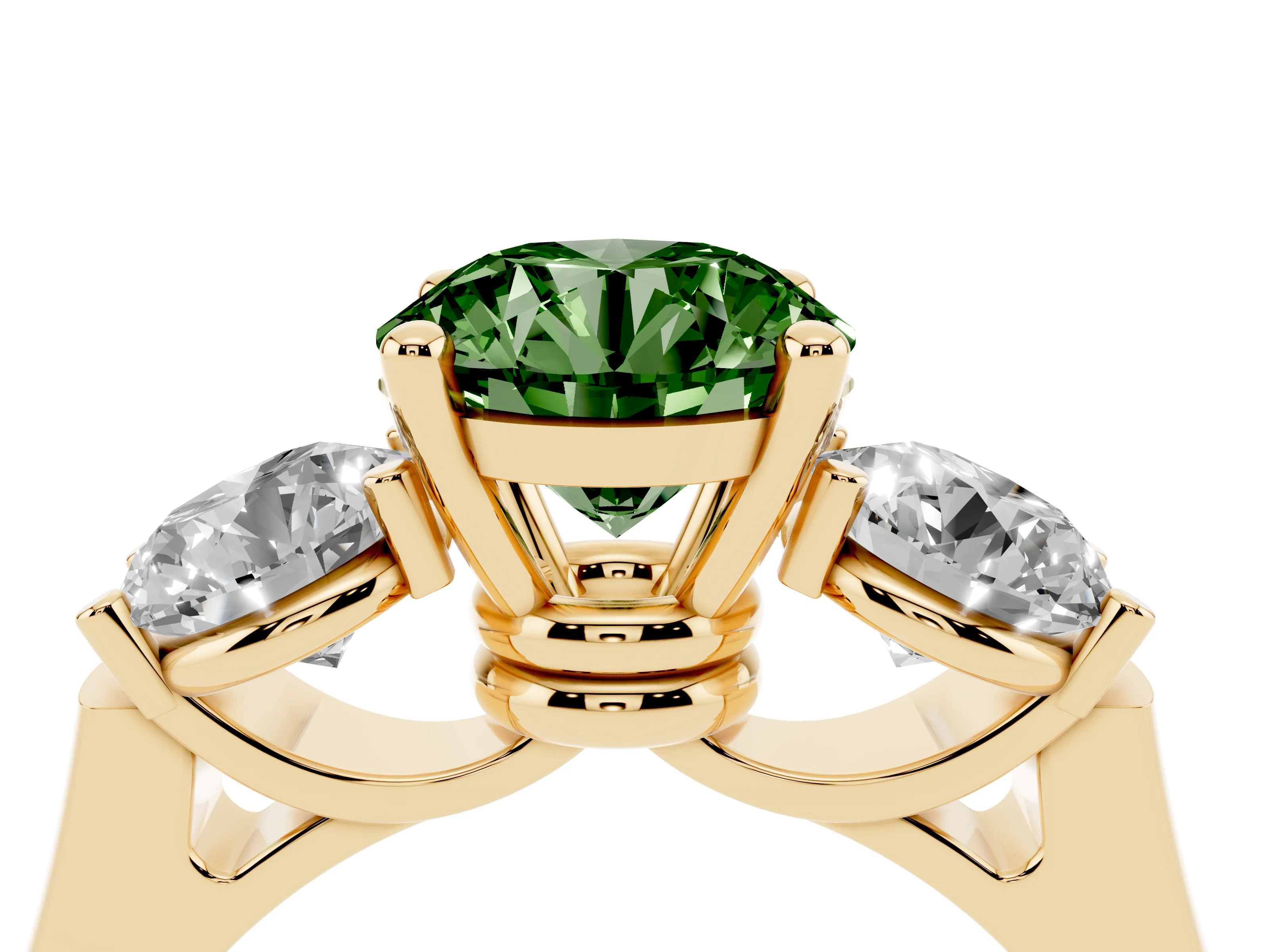 Fancy Green Round Cut Diamond Three-Stone Trellis Ring Set in Yellow gold with Comfort Fit Band