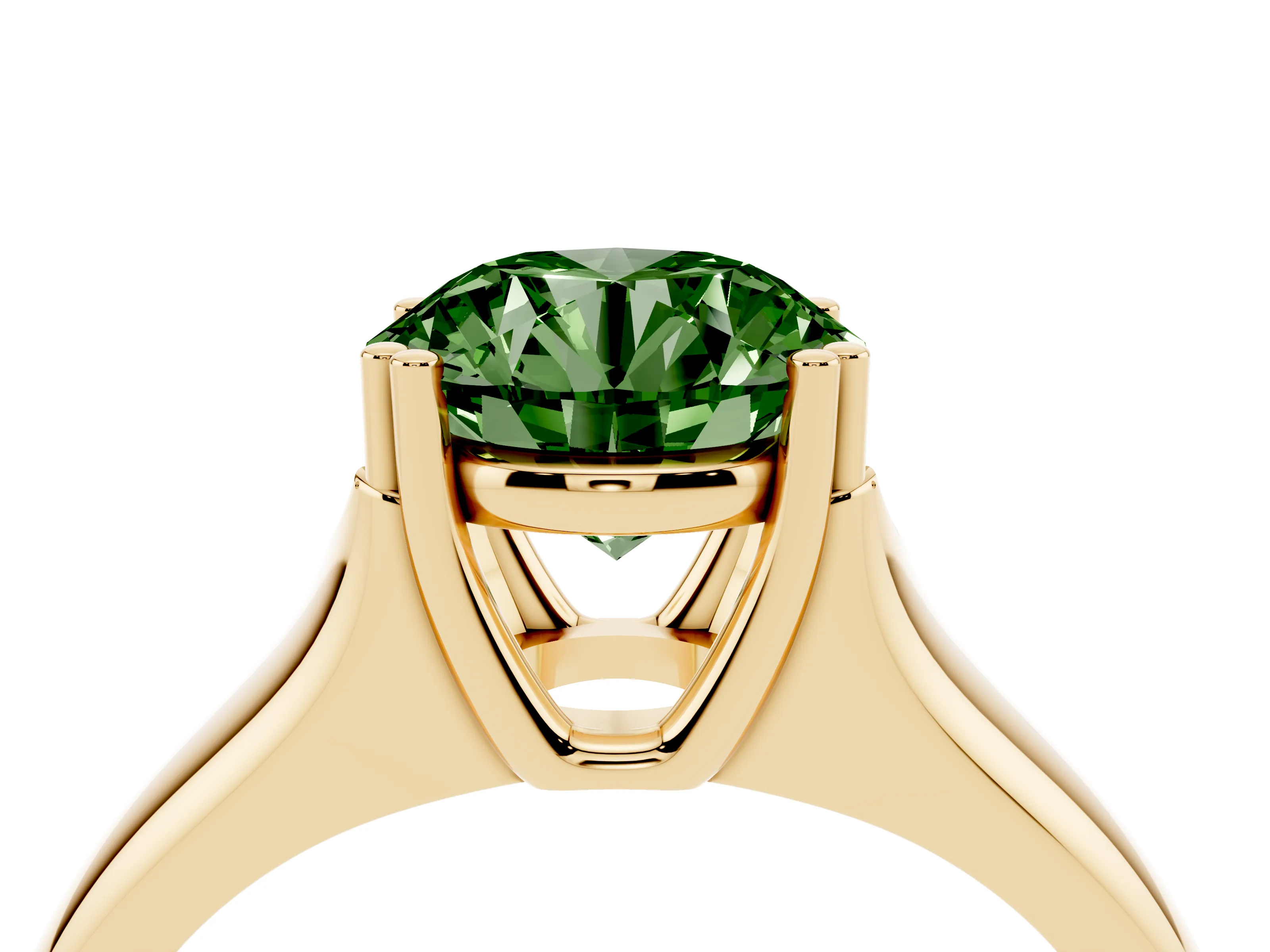 Fancy Green Round Cut Diamond Solitaire Ring Set in Yellow gold with Wide Band and Prong Setting