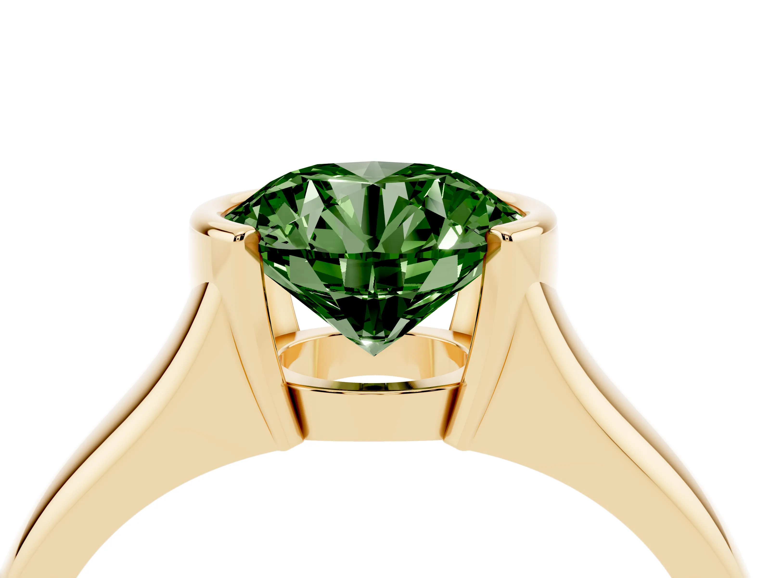 Fancy Green Round Cut Diamond Solitaire Tension Set Ring Set in Yellow gold with Split Shank Band