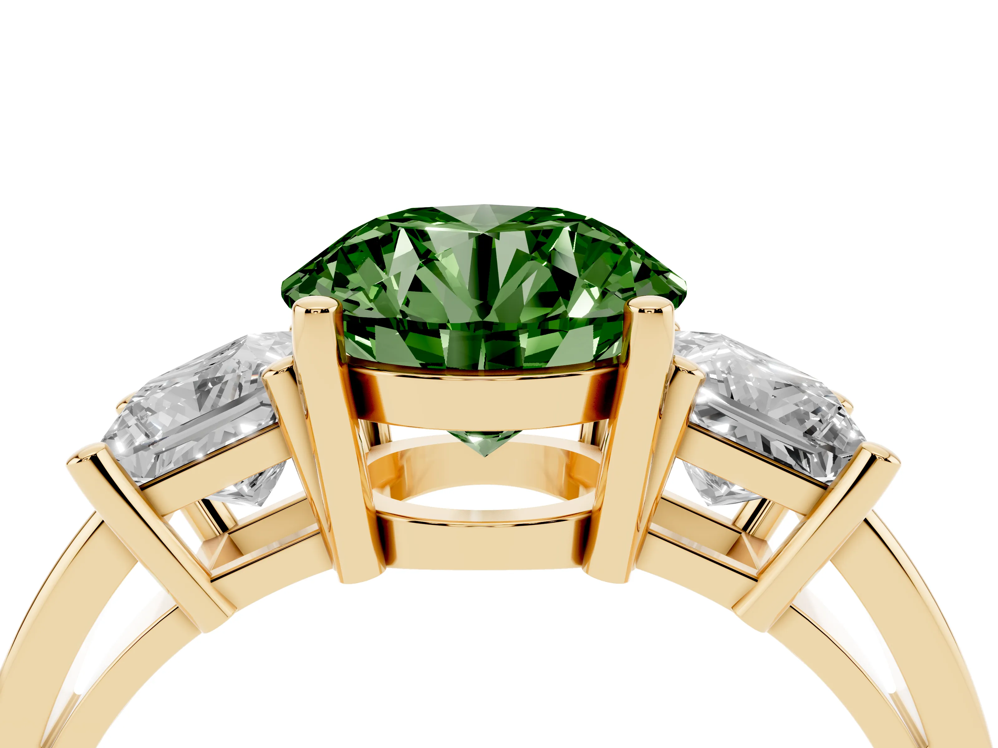 Fancy Green Three-Stone Round Cut Diamond Solitaire Ring Set in Yellow gold with Prong Setting