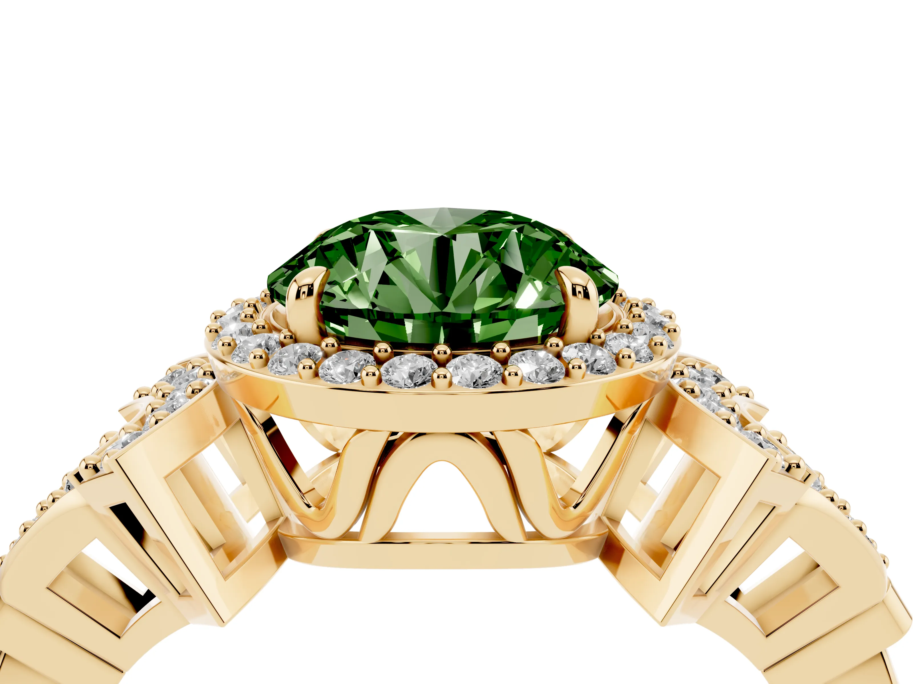Fancy Green Round Cut Diamond Halo Engagement Ring Set in Yellow gold with Accent Stone Split Shank