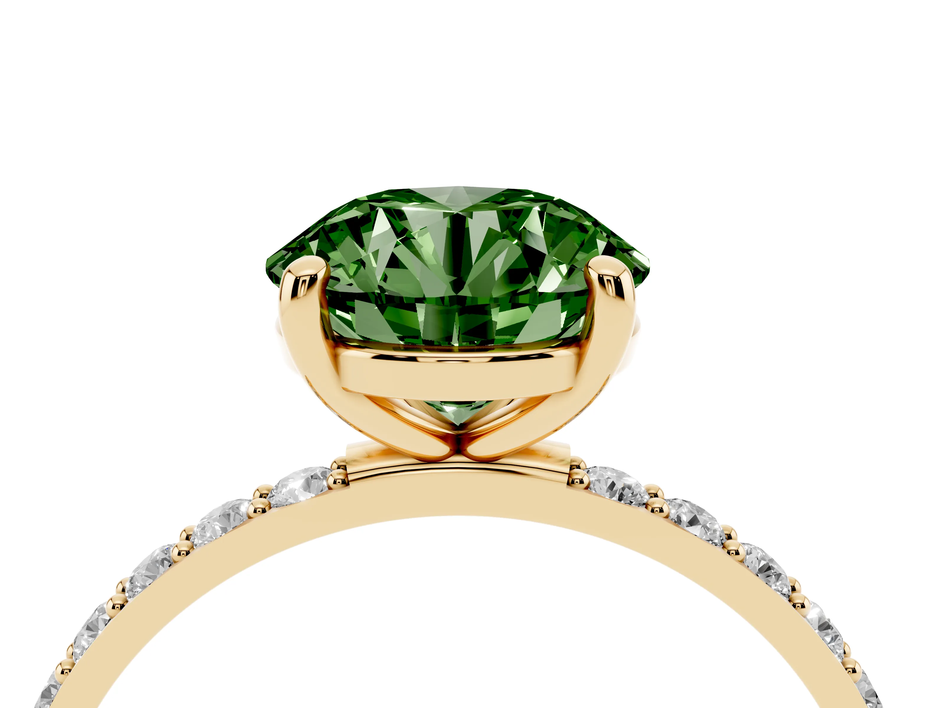 Fancy Green Round Cut Diamond Solitaire Ring Set in Yellow gold with Round Pavé Band and Prong Setting