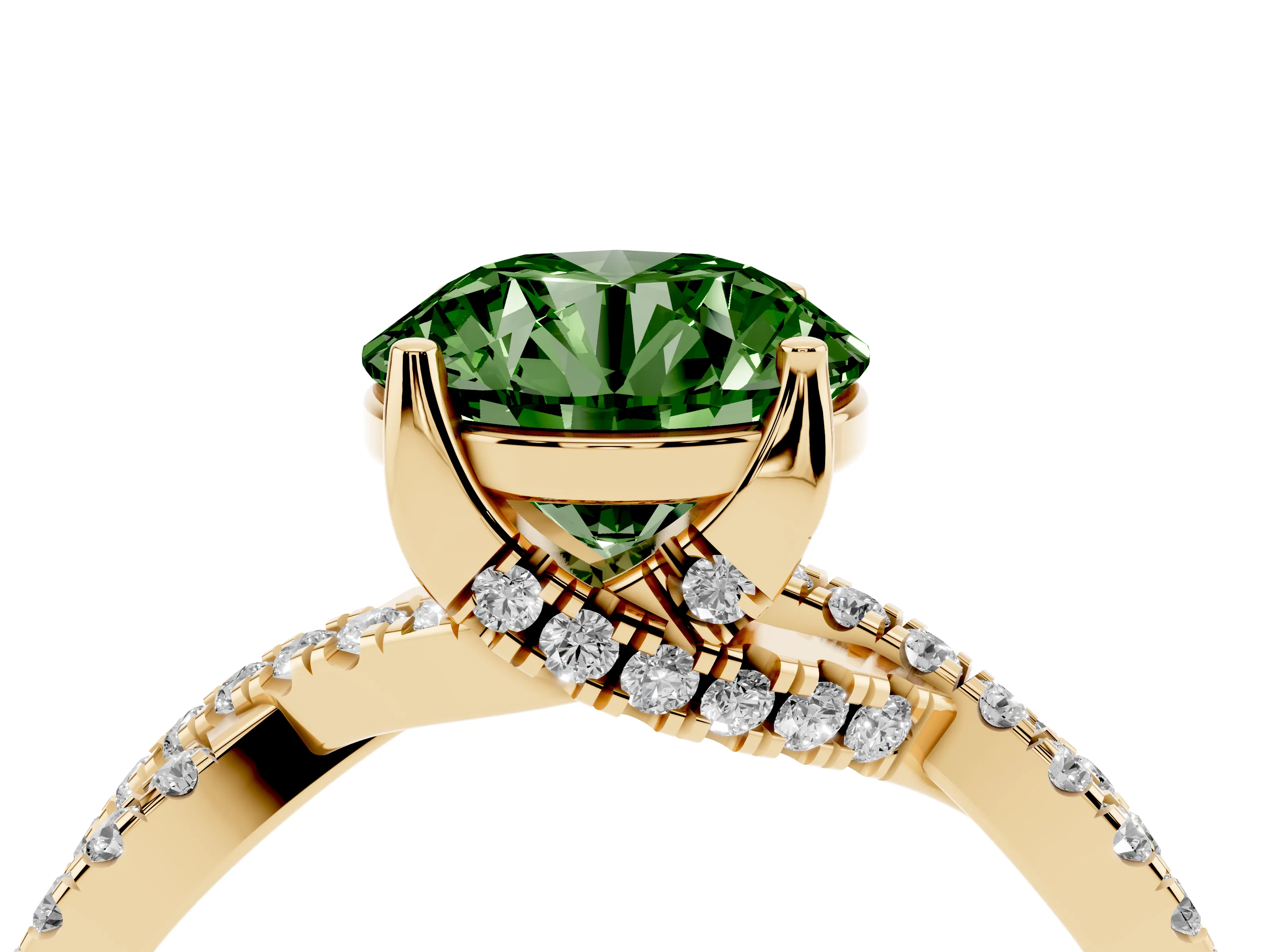 Fancy Green Round Cut Diamond Twist Pavé Solitaire Engagement Ring Set in Yellow gold with Prong Setting