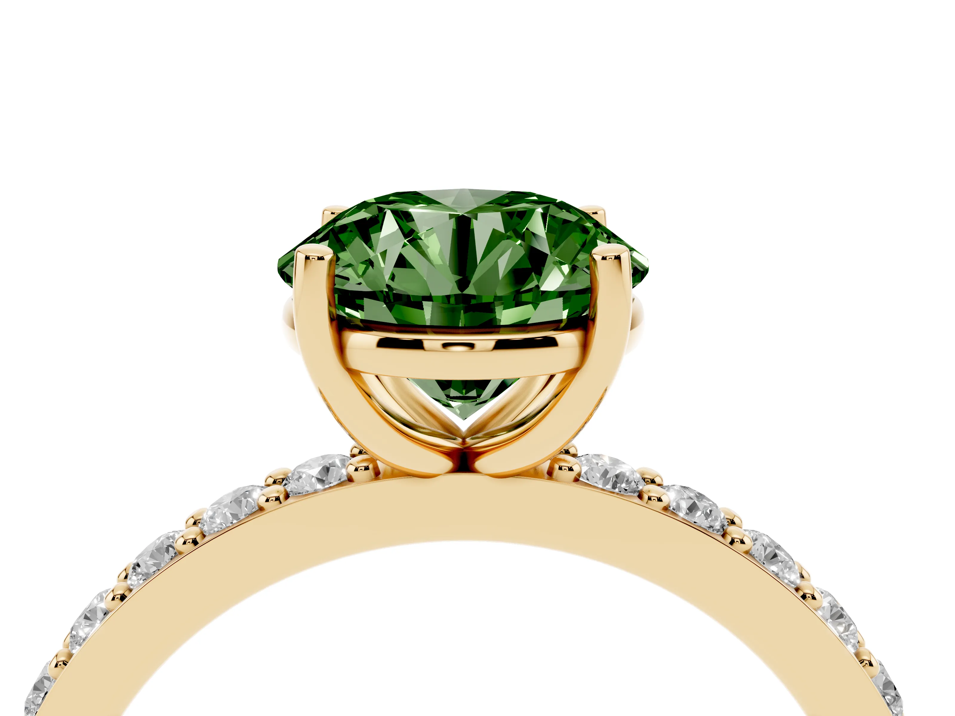 Fancy Green Round Cut Diamond Solitaire Set in Yellow gold with Round Pavé Band and Prong Setting