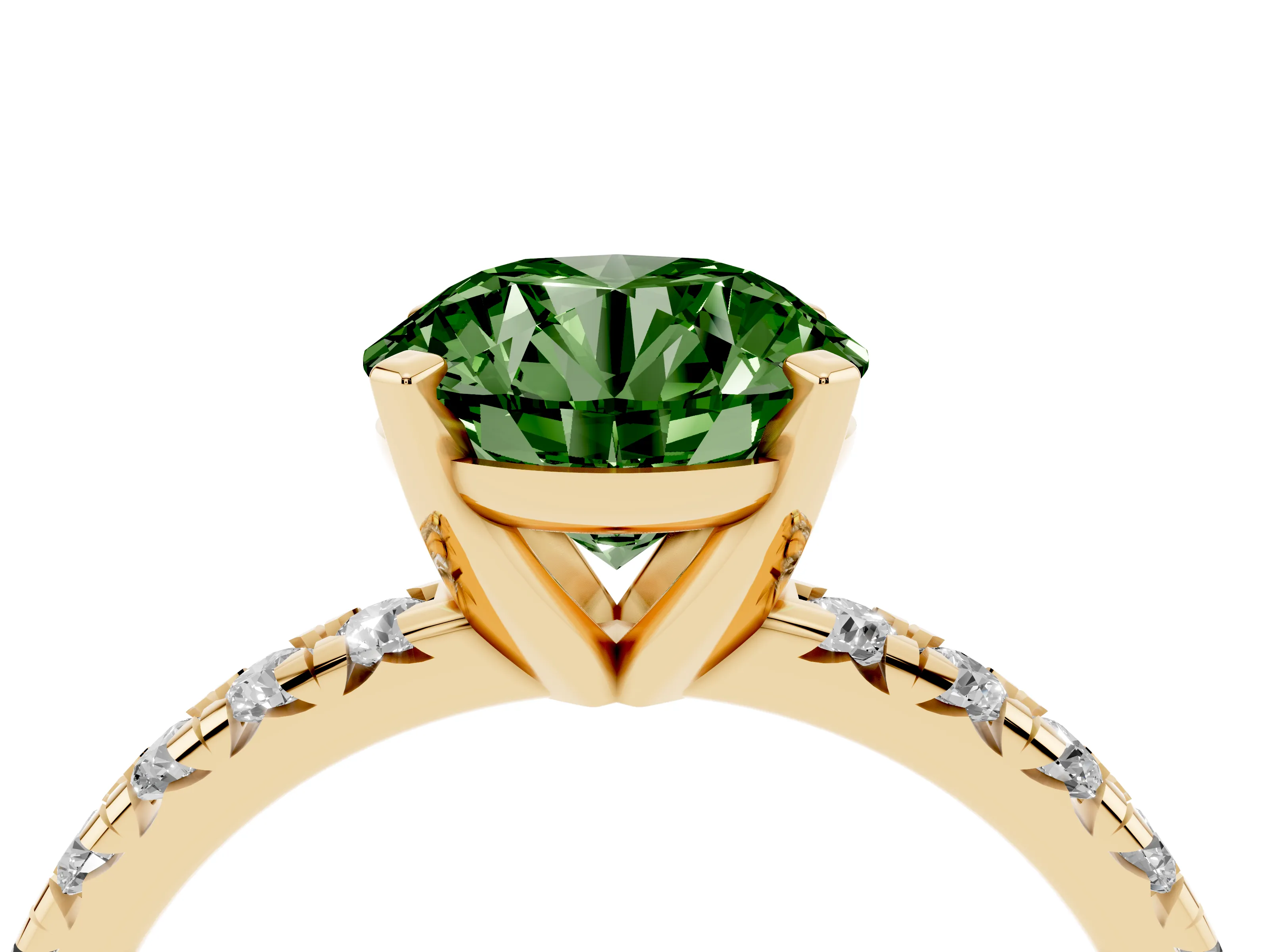 Fancy Green Round Cut Diamond Solitaire Pavé Engagement Ring Set in Yellow gold with Round Band and Prong Setting