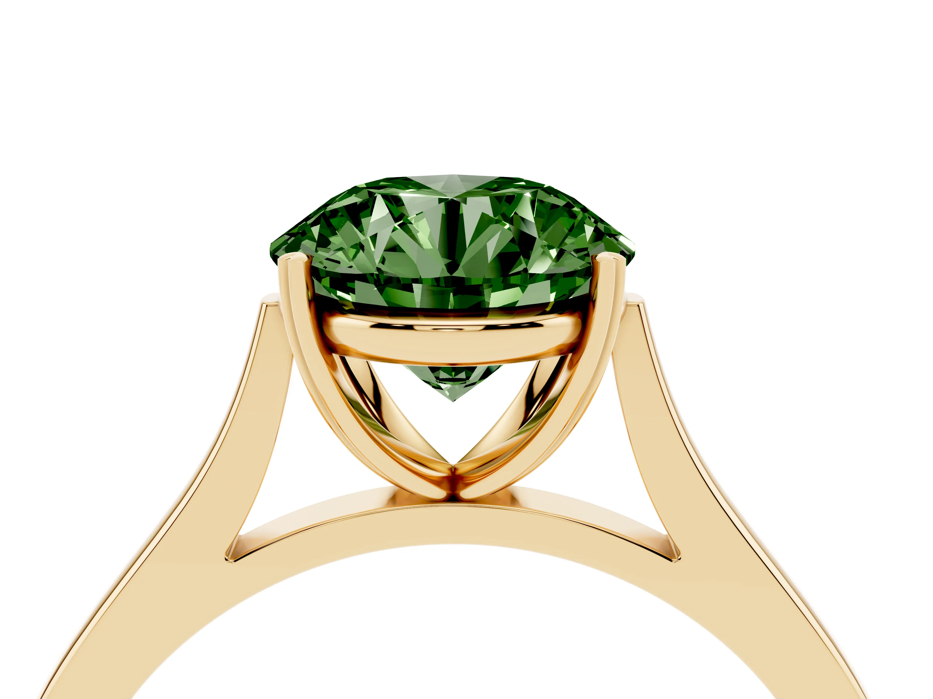 Fancy Green Round Cut Diamond Solitaire Heart Prong Engagement Ring Set in Yellow gold with Tapered Band