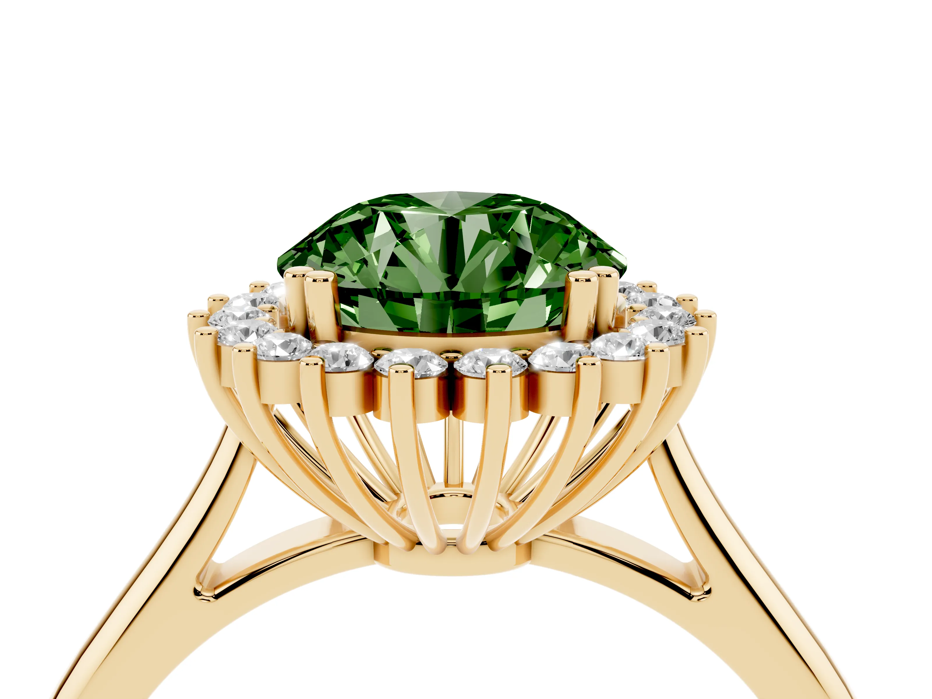 Fancy Green Round Cut Diamond Halo Ring Set in Yellow gold with Plain Solitaire Band and Prong Setting