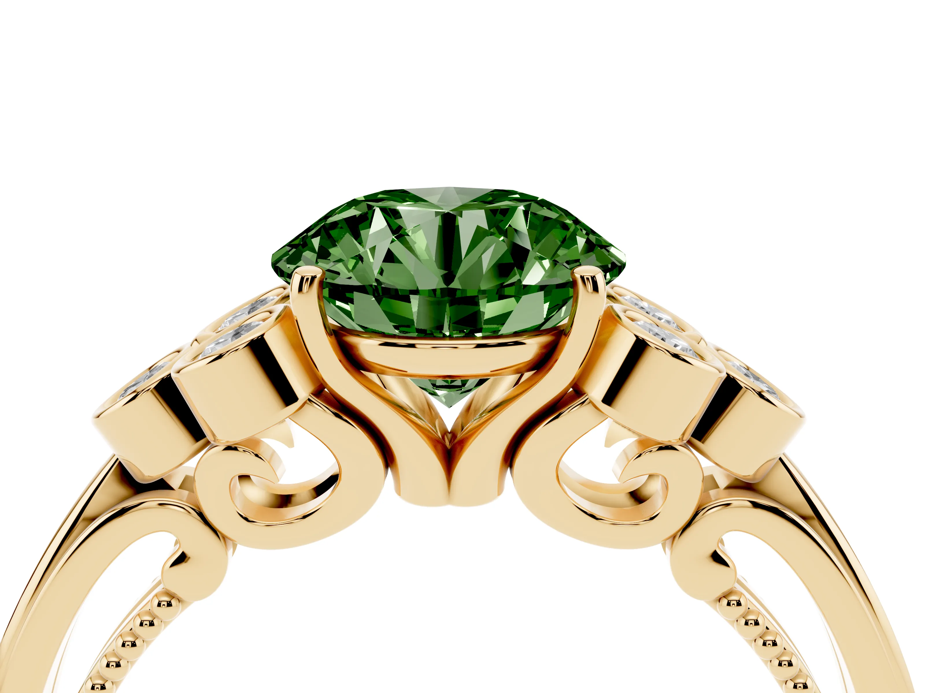Fancy Green Round Cut Diamond Engagement Ring Set in Yellow gold with Bezel Set Round Side Stones and Prong Setting