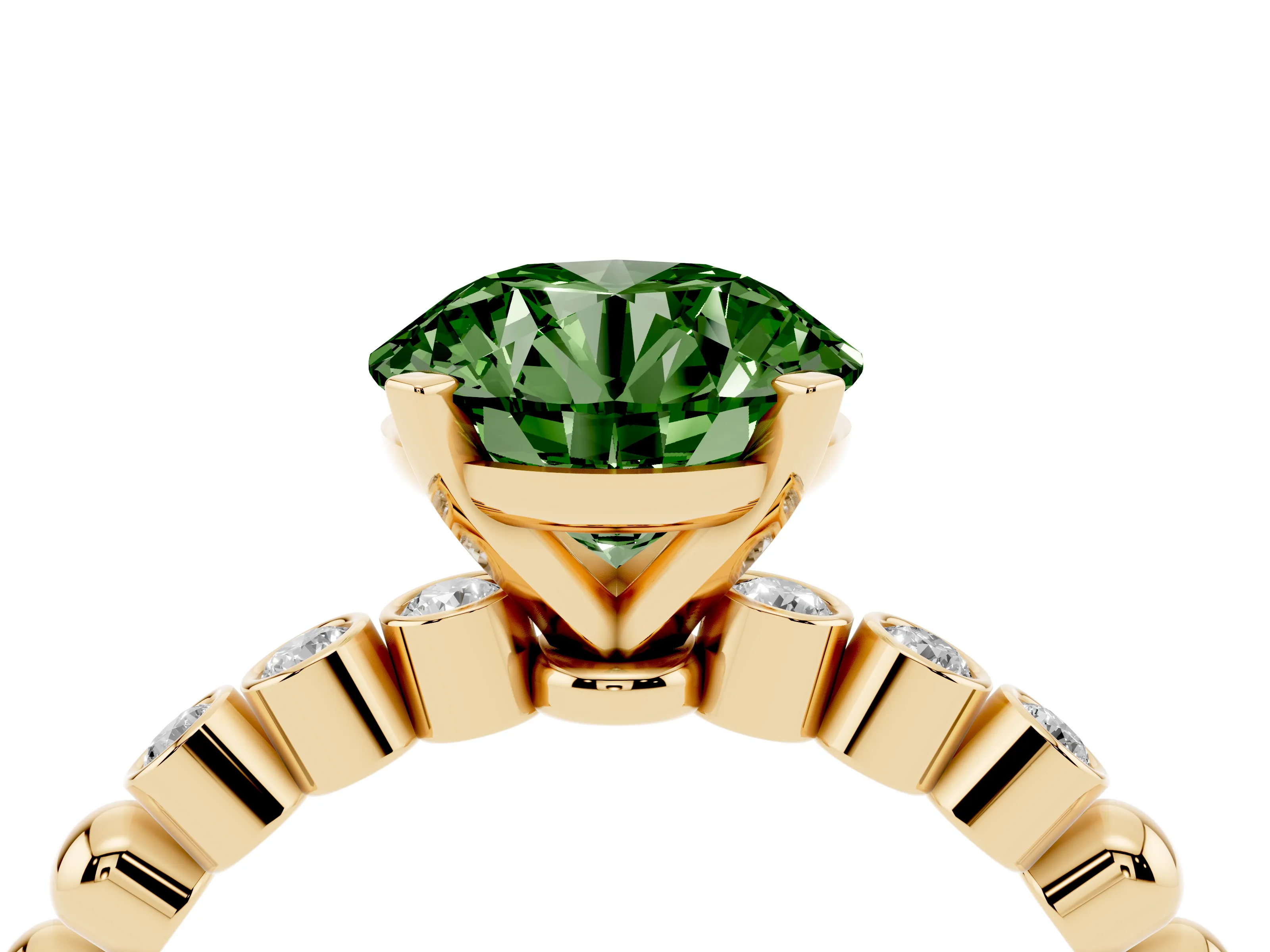 Fancy Green Round Cut Diamond Solitaire Engagement Ring Set in Yellow gold with Bezel Accents on Beaded Band