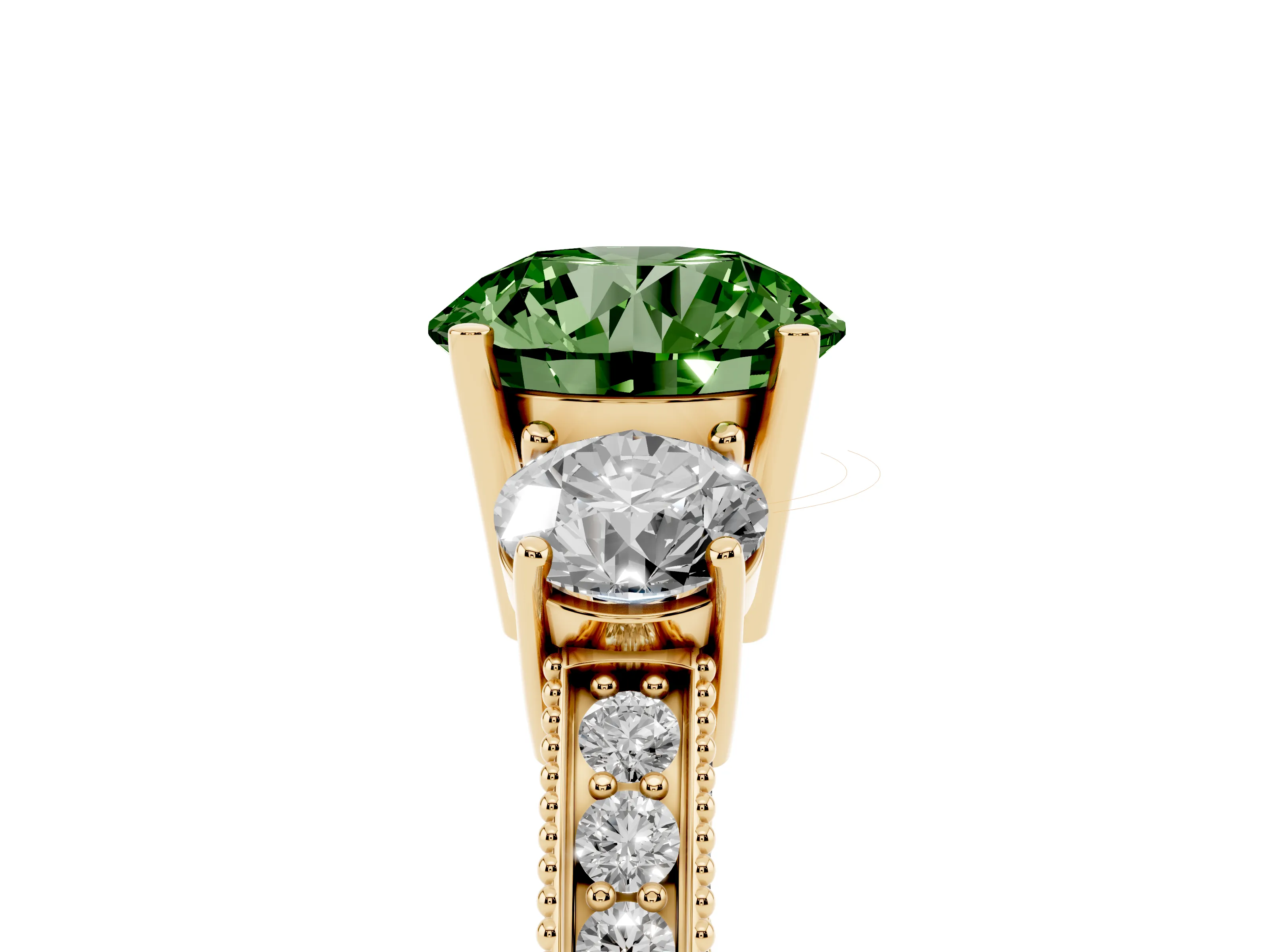 Fancy Green Round Cut Diamond Three-Stone Ring Set in Yellow gold with Round Side Stones and Pavé Band