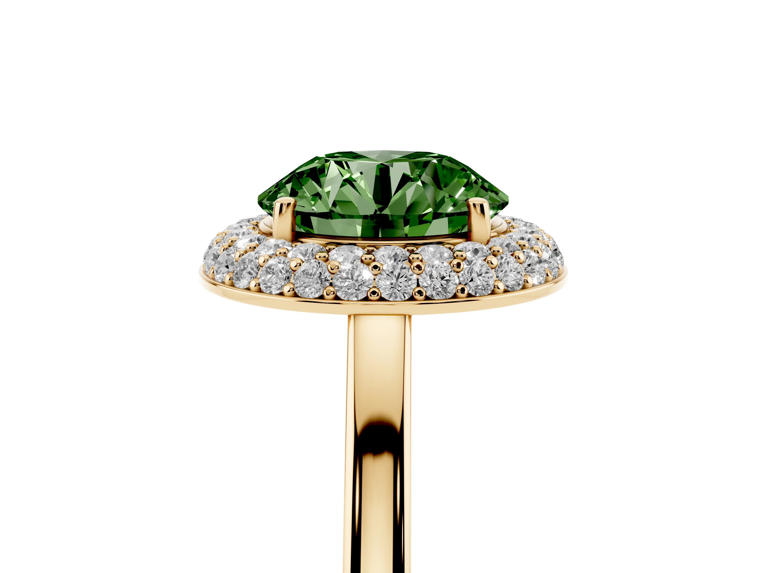 Fancy Green Round Cut Diamond Halo Engagement Ring Set in Yellow gold with Solitaire Band and Prong Setting