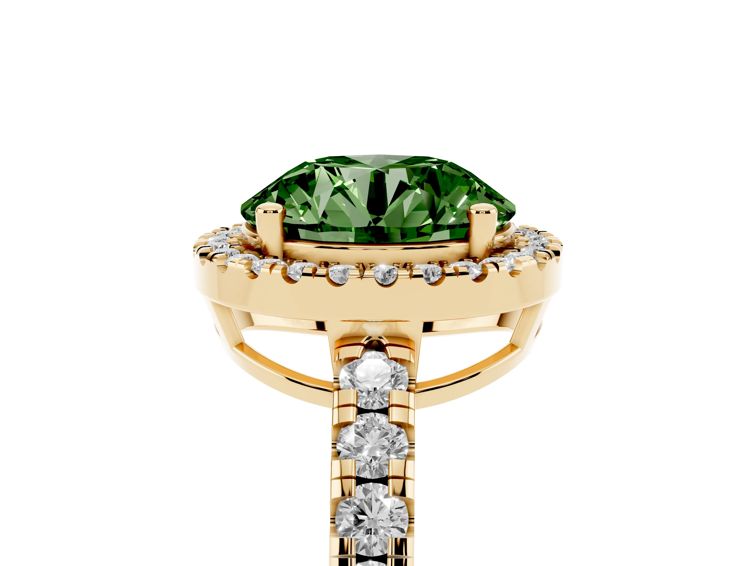 Fancy Green Round Cut Diamond Halo Ring Set in Yellow gold with Delicate Pavé Band and Prong Setting