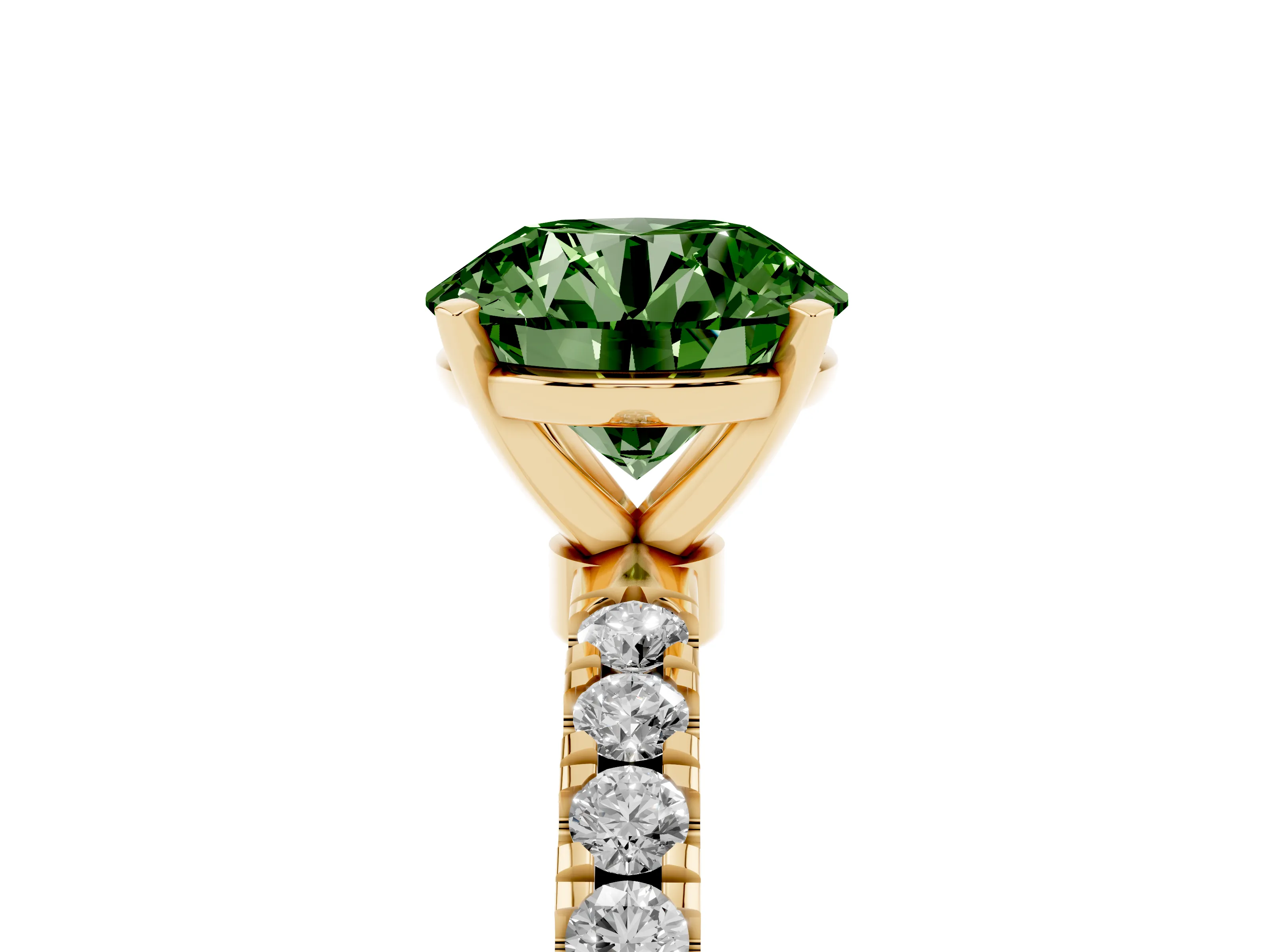 Fancy Green Round Cut Diamond Solitaire Ring Set in Yellow gold with Pavé Accents and Prong Setting