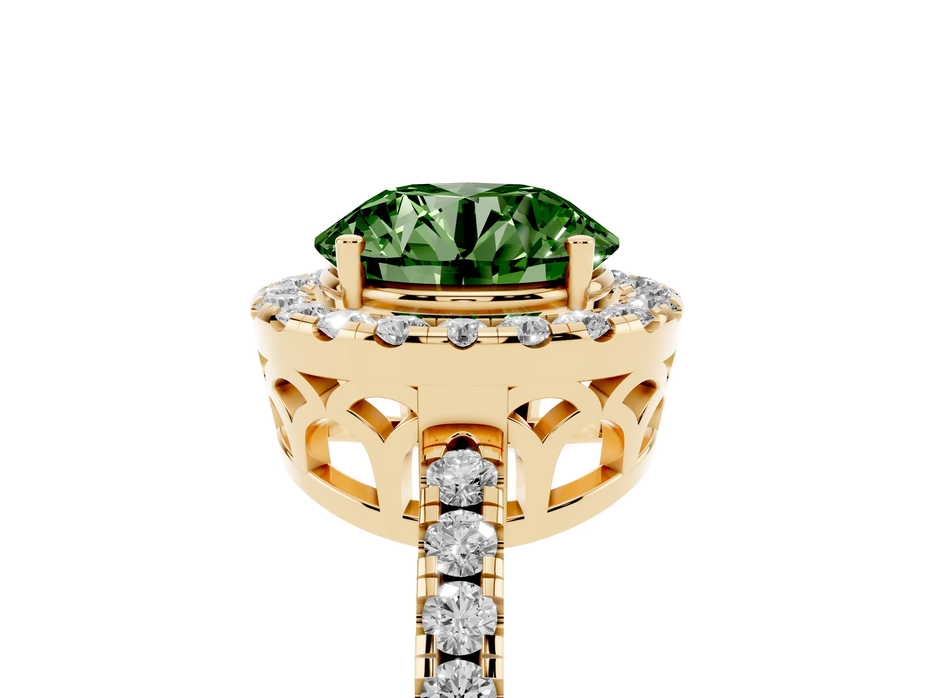 Fancy Green Round Cut Diamond Pavé Band Halo Engagement Ring Set in Yellow gold with Prong Setting
