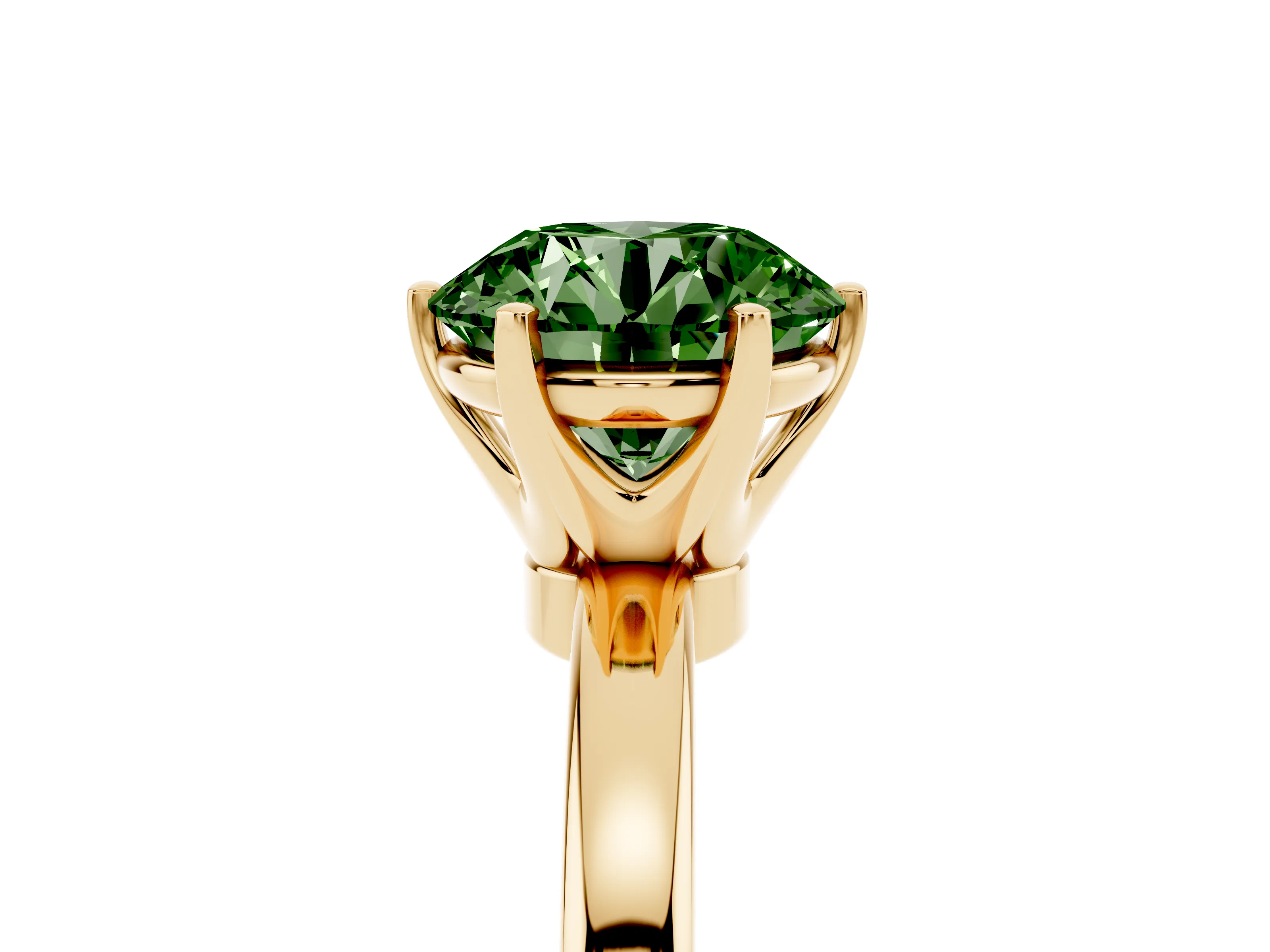 Fancy Green Round Cut Diamond Solitaire Ring Set in Yellow gold with Raised Prong Setting on a Classic Band