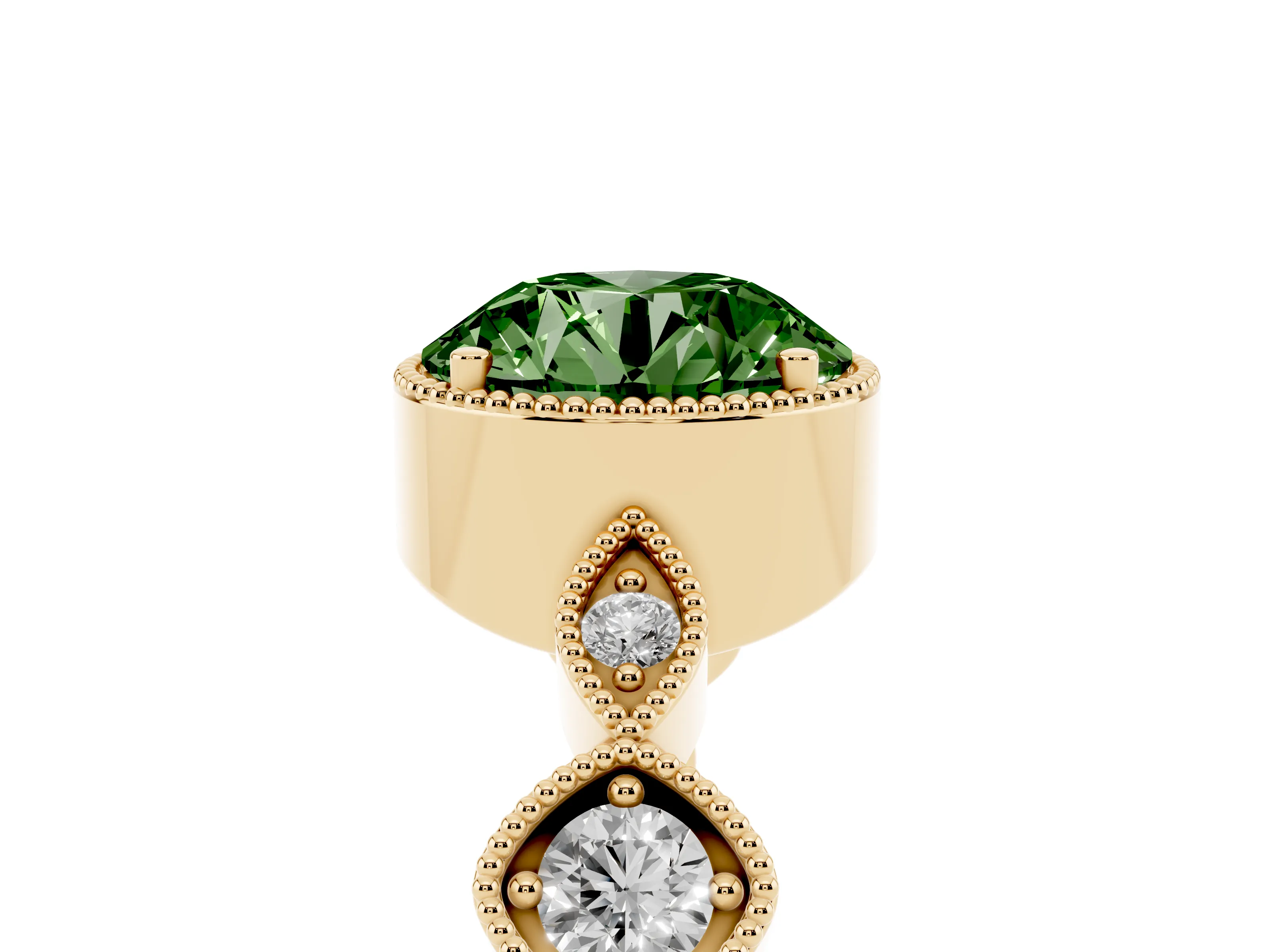 Fancy Green Round Cut Diamond Vintage-Inspired Milgrain Ring Set in Yellow gold with Marquise Stations of Round Accents