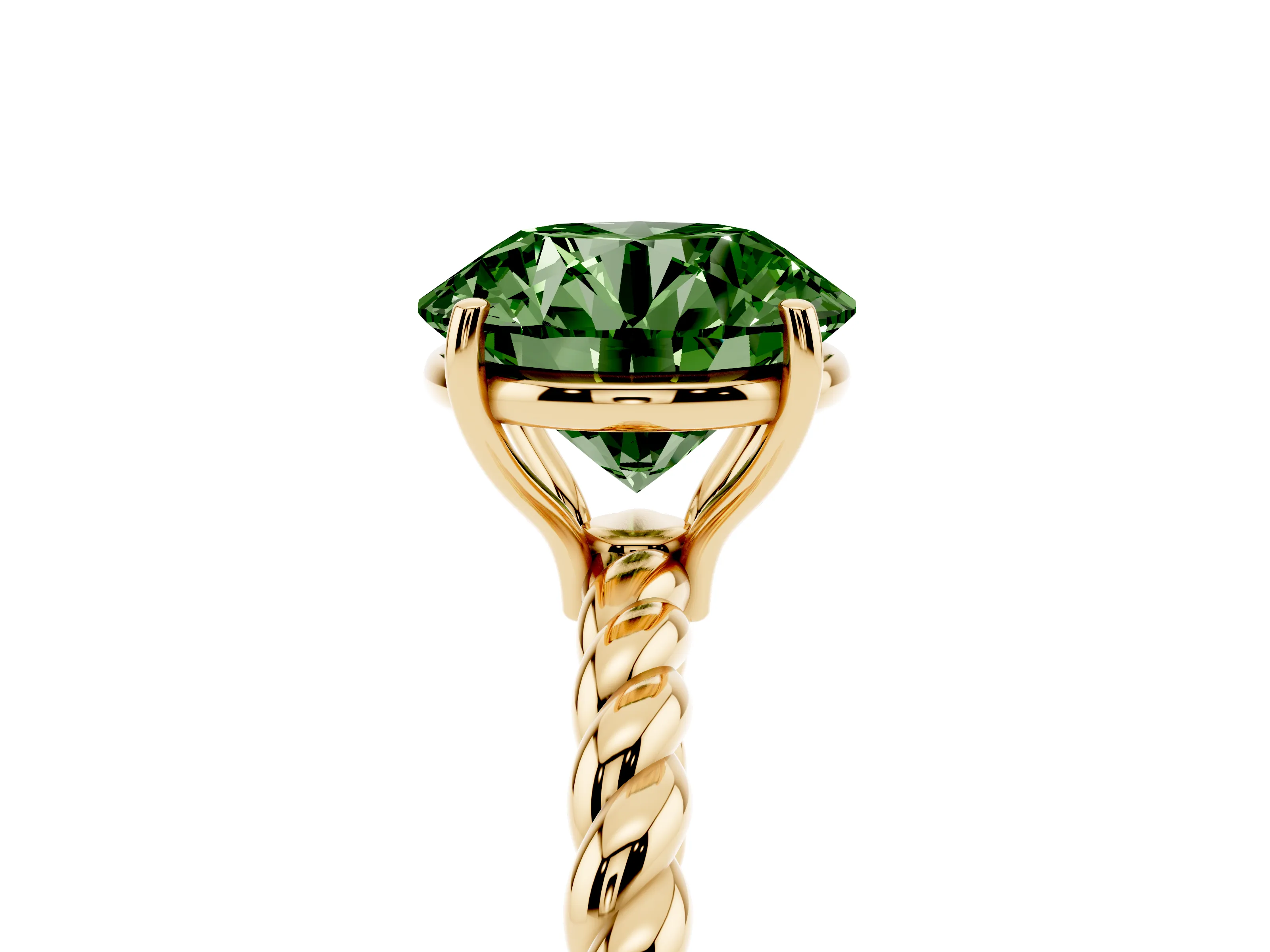 Fancy Green Round Cut Diamond Solitaire Ring Set in Yellow gold with Twist Band and Prong Setting