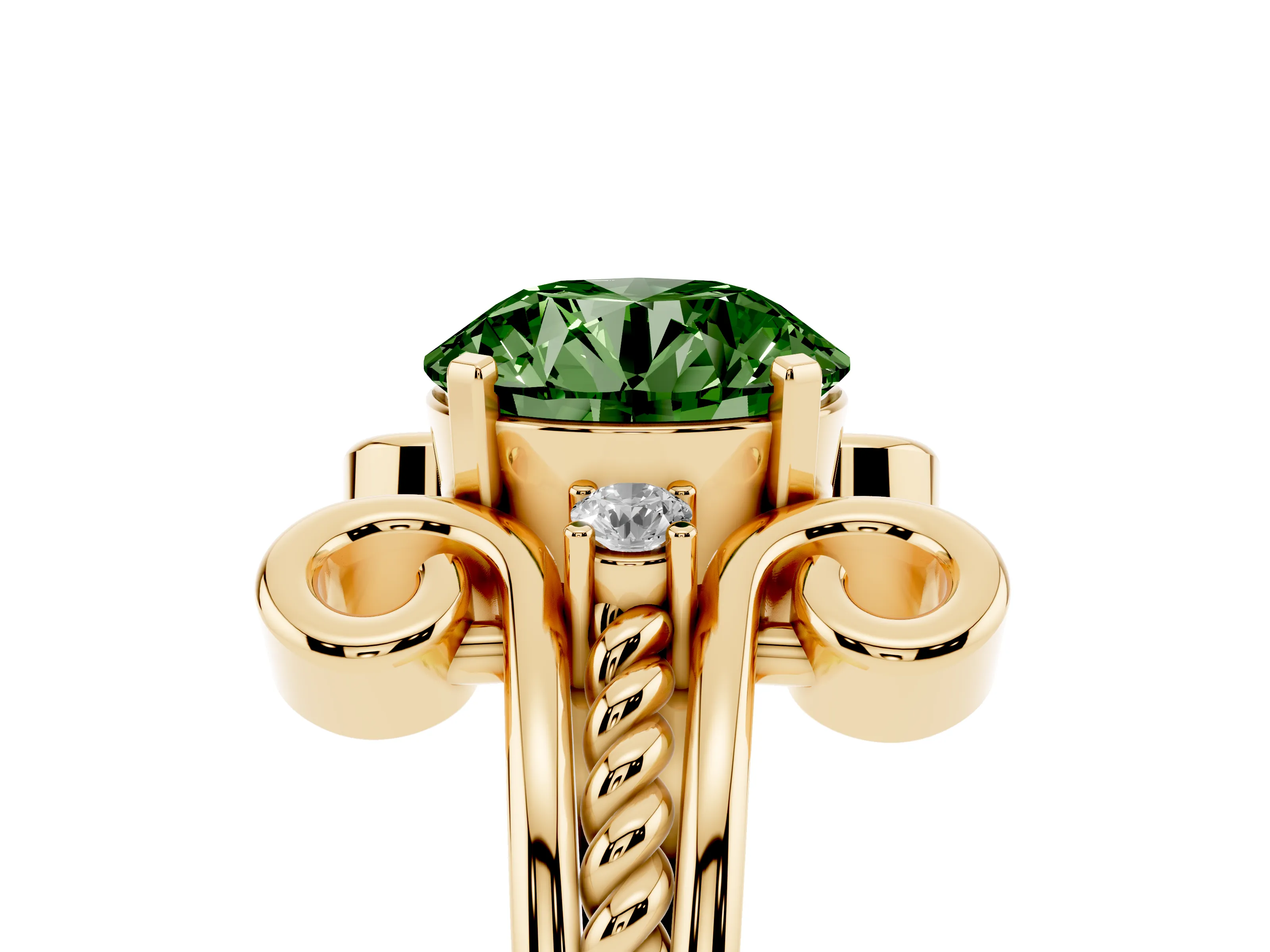 Fancy Green Round Cut Diamond Twisted Band Solitaire Ring Set in Yellow gold with Scroll Prongs