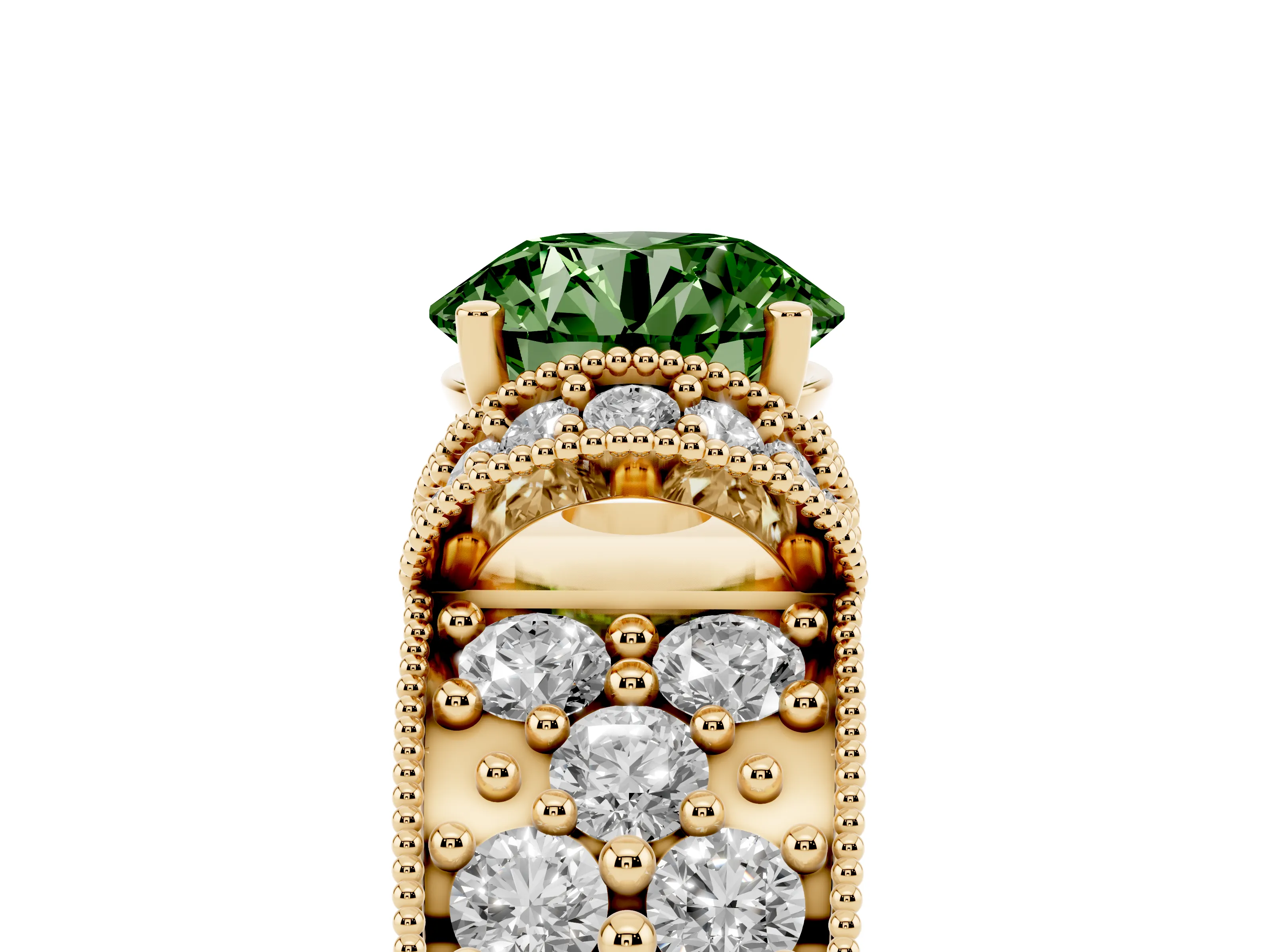 Fancy Green Round Cut Diamond Milgrain Halo Pavé Engagement Ring Set in Yellow gold with Prong Setting
