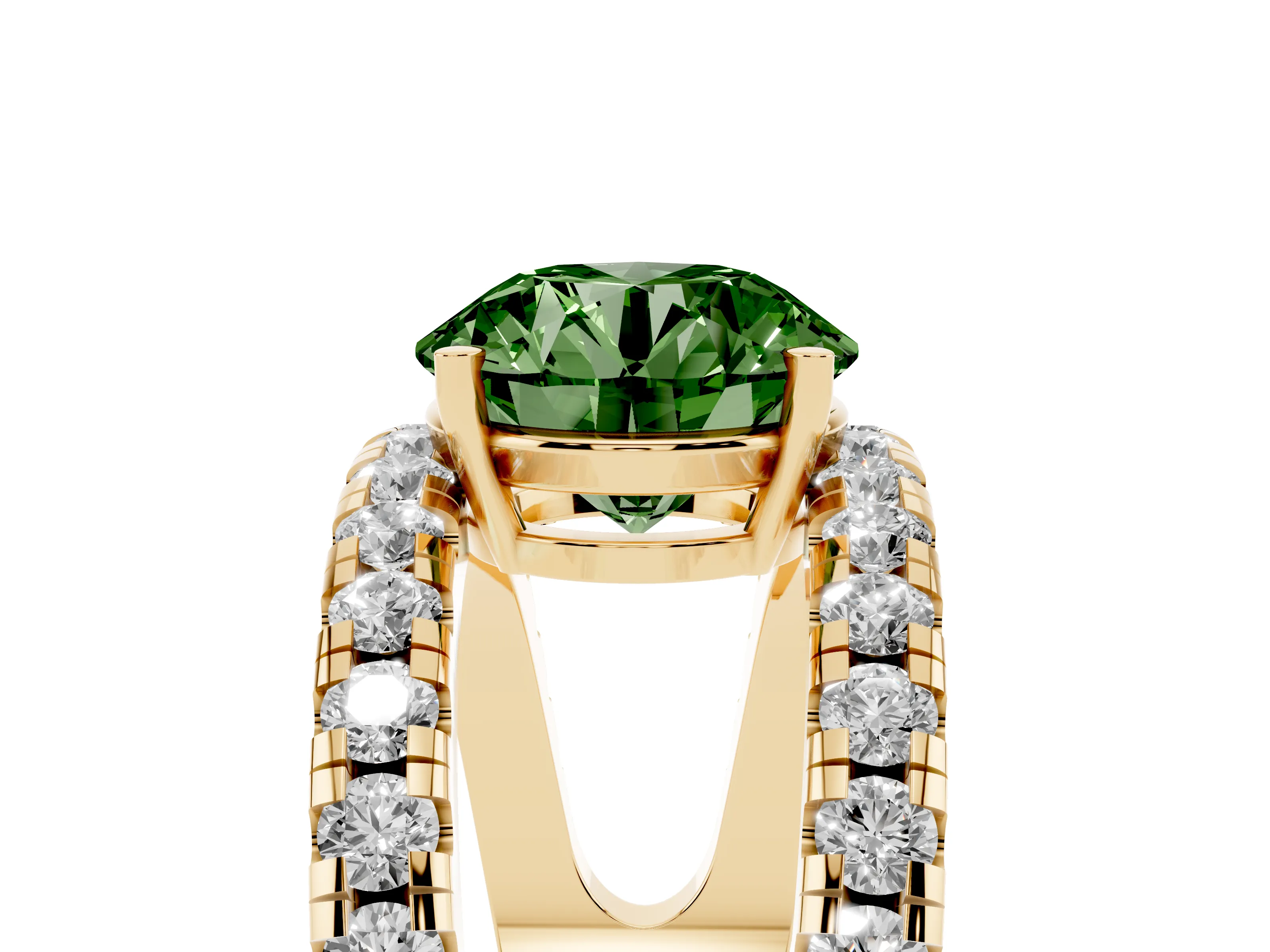 Fancy Green Round Cut Diamond Split Shank Pavé Solitaire Ring Set in Yellow gold with Open Shank Design