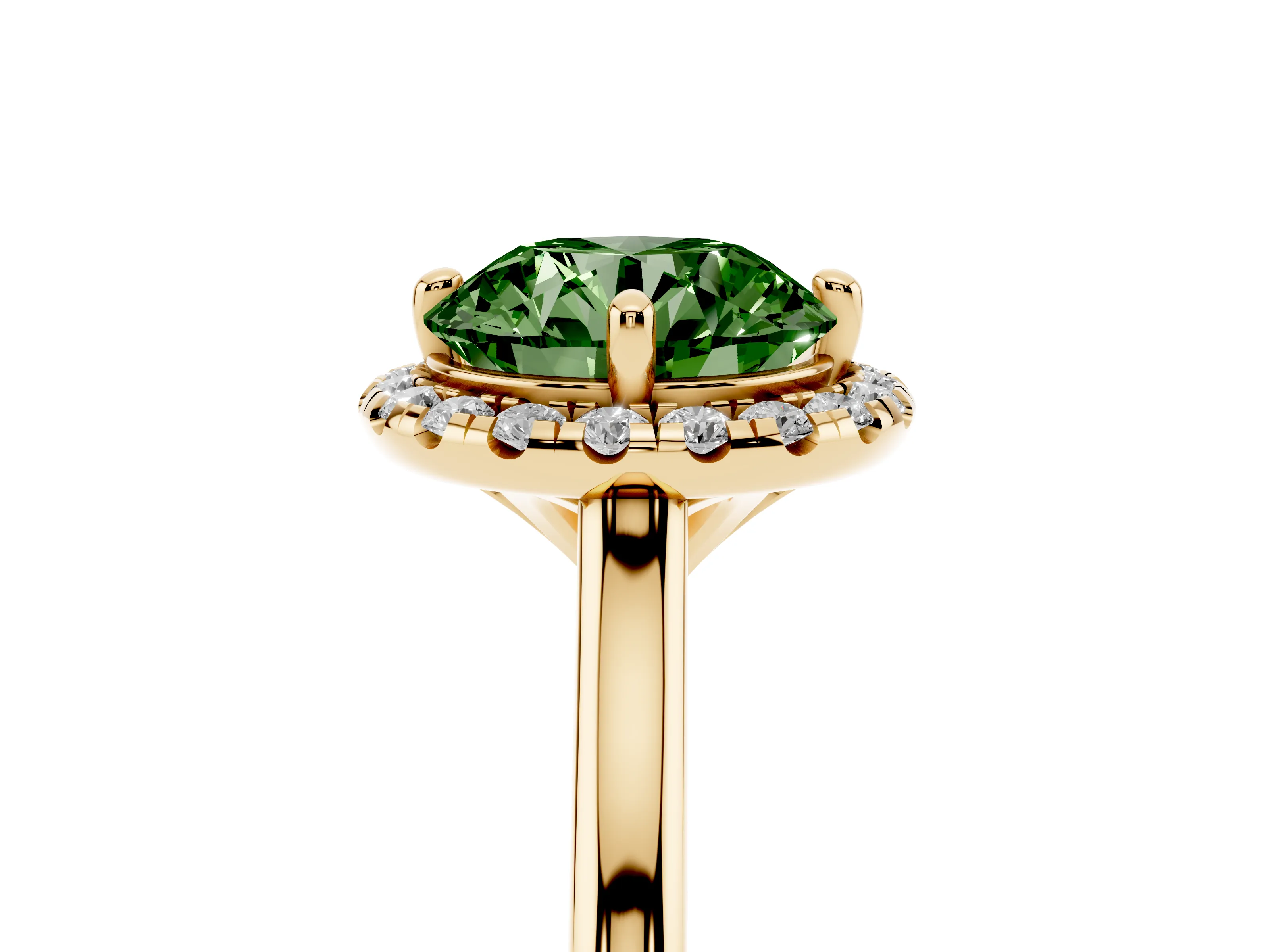 Fancy Green Round Cut Diamond Halo Engagement Ring Set in Yellow gold with Pavé Band and Rising Shoulders