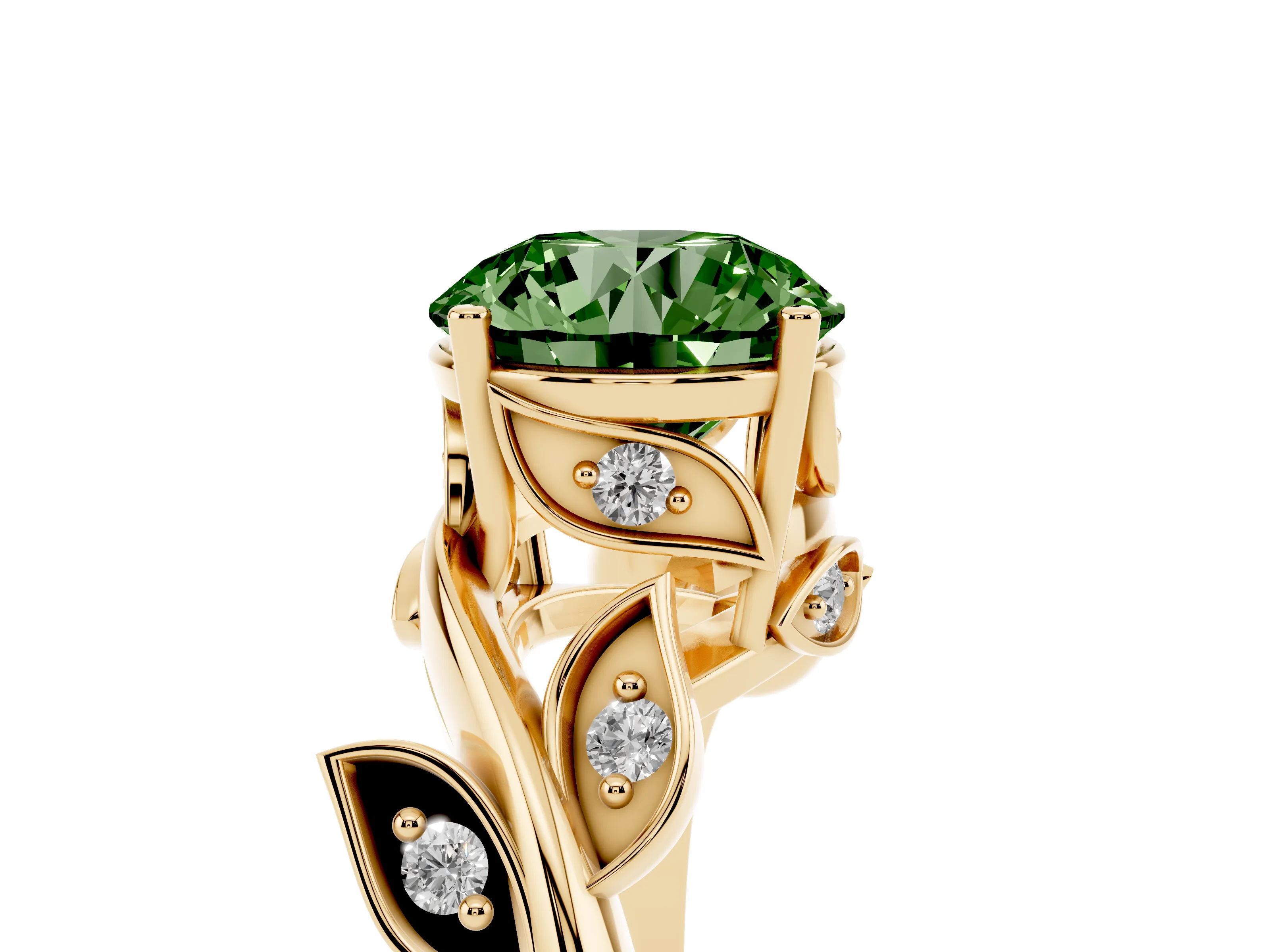 Fancy Green Round Cut Diamond Solitaire Twist Engagement Ring Set in Yellow gold with Pavé Leaf Accents