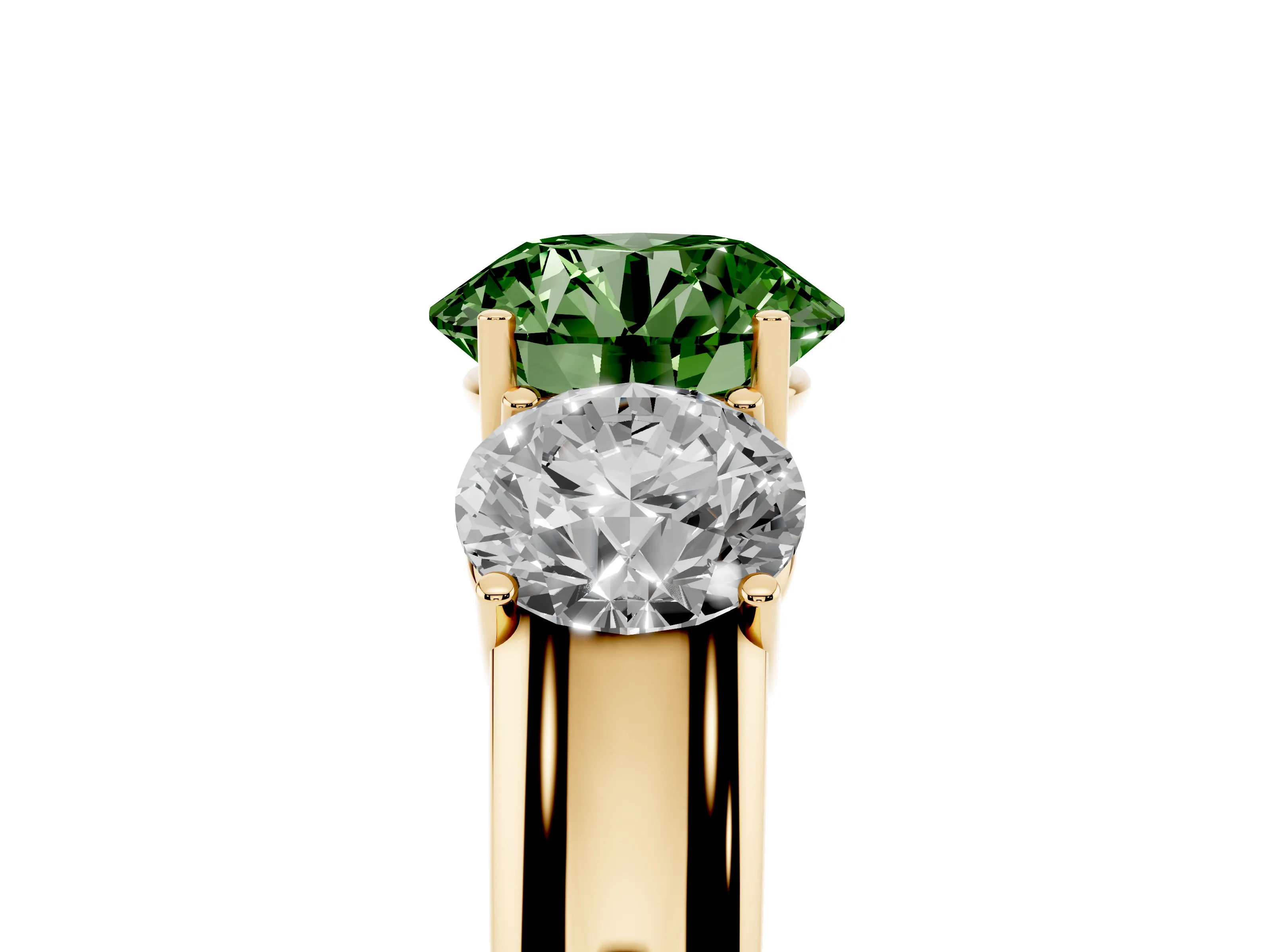 Fancy Green Three-Stone Round Cut Diamond Ring Set in Yellow gold with Matching Prong Settings and Plain Band