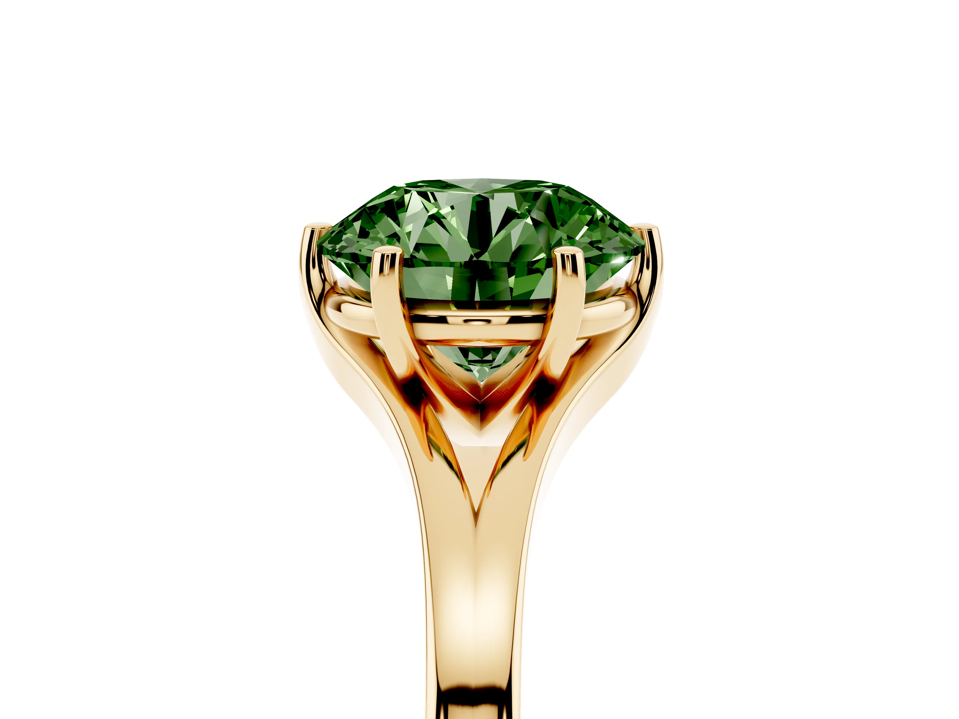 Fancy Green Round Cut Diamond Solitaire Ring Set in Yellow gold with Polished Tapered Band and Prong Setting