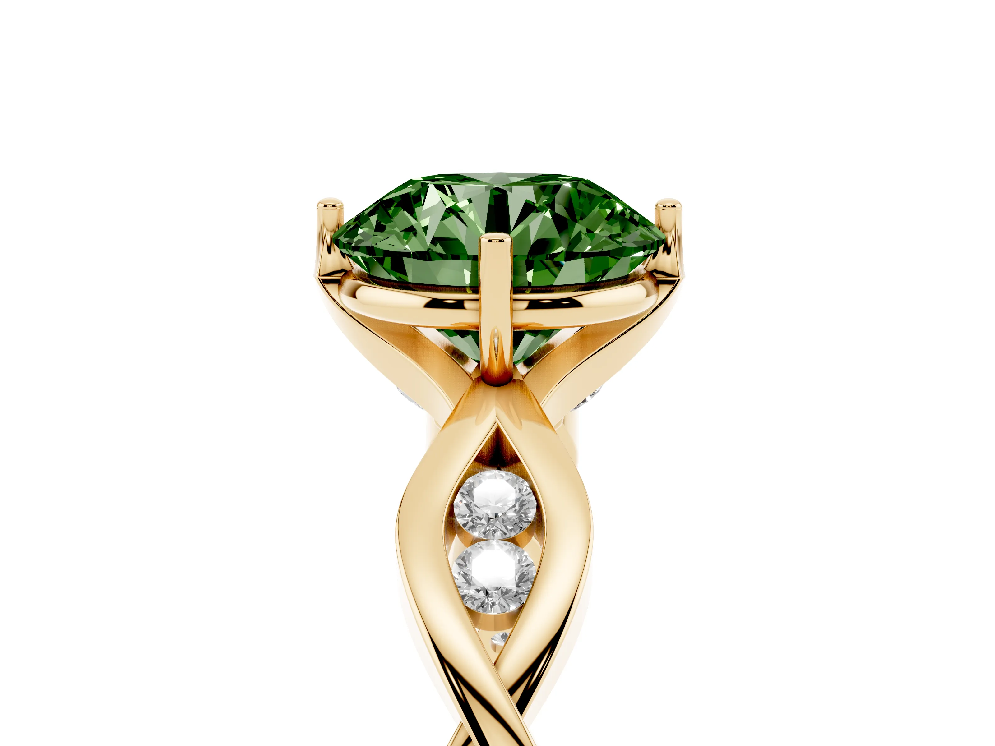 Fancy Green Round Cut Diamond Twist Band Solitaire Ring Set in Yellow gold with Leaf Prong Setting and Accent Stones