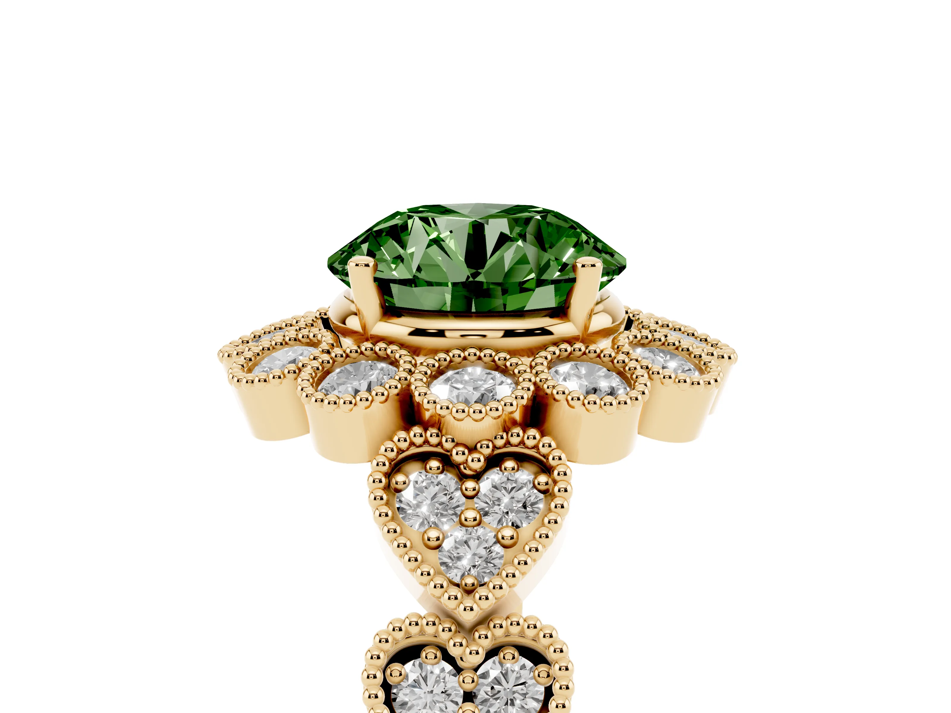 Fancy Green Round Cut Diamond Solitaire Ring Set in Yellow gold with Milgrain Pavé Heart Band