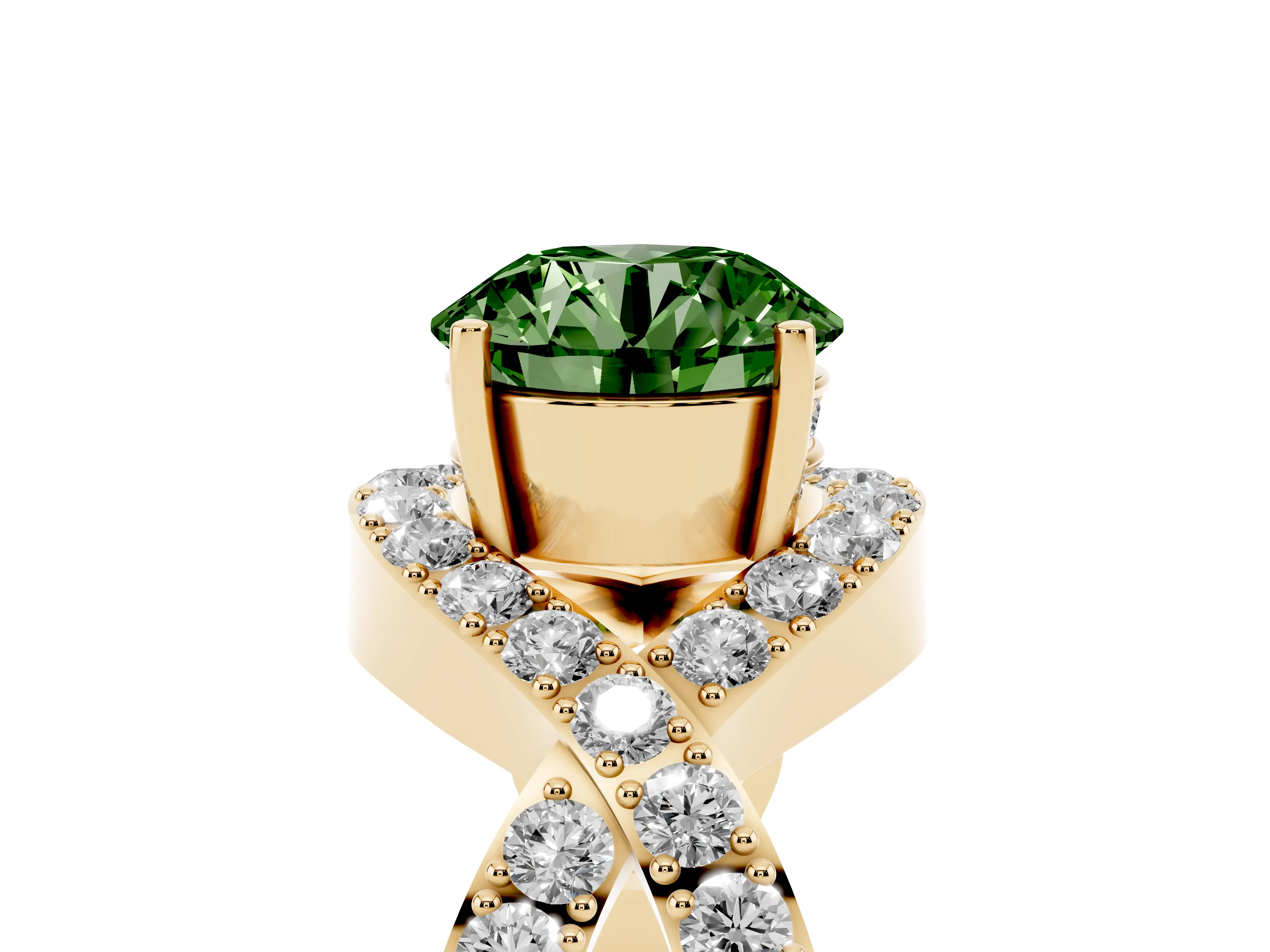 Fancy Green Round Cut Diamond Solitaire Twist Band Pavé Engagement Ring Set in Yellow gold