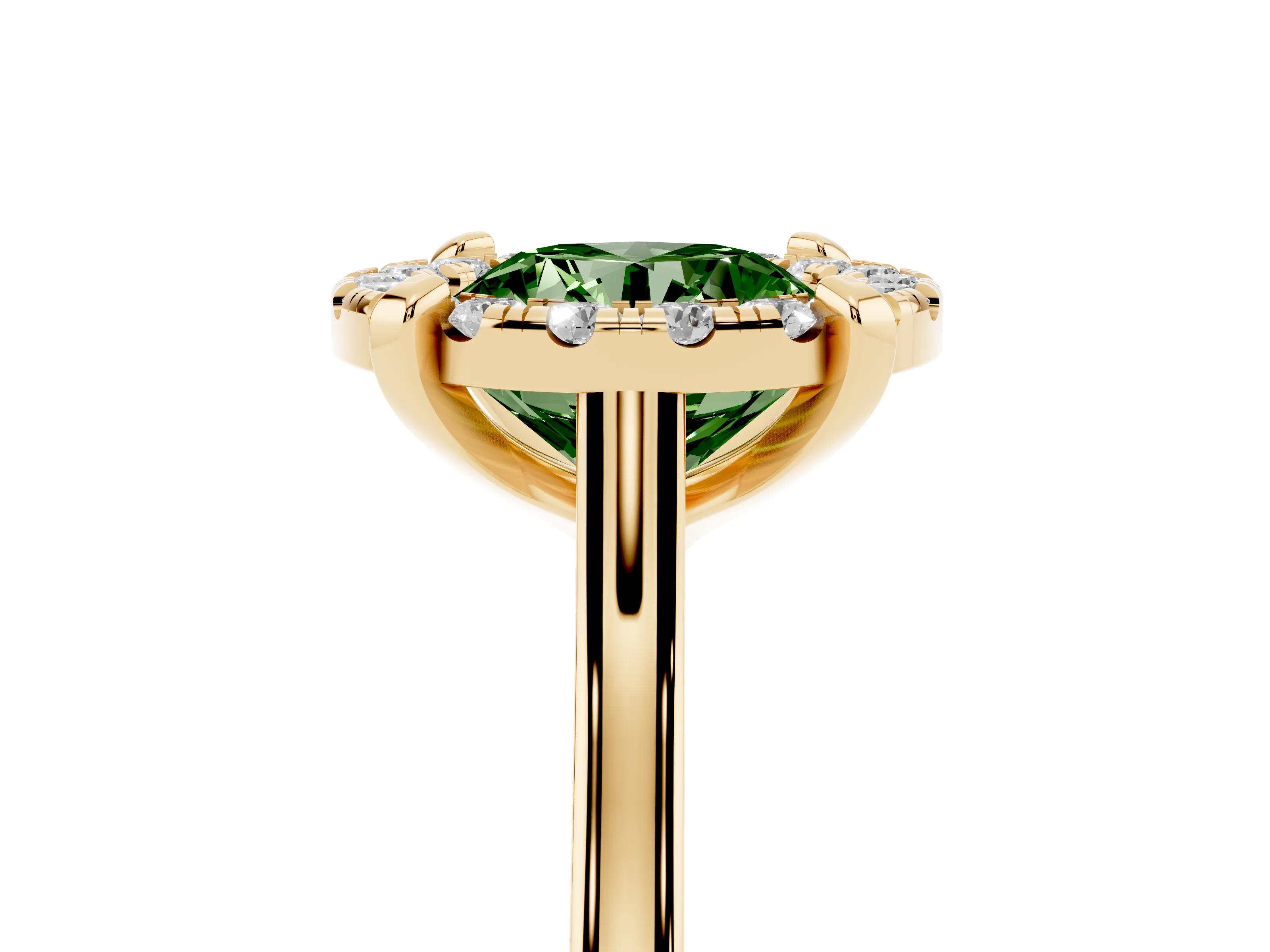 Fancy Green Round Cut Diamond Cluster Halo Solitaire Ring Set in Yellow gold with Prong Setting