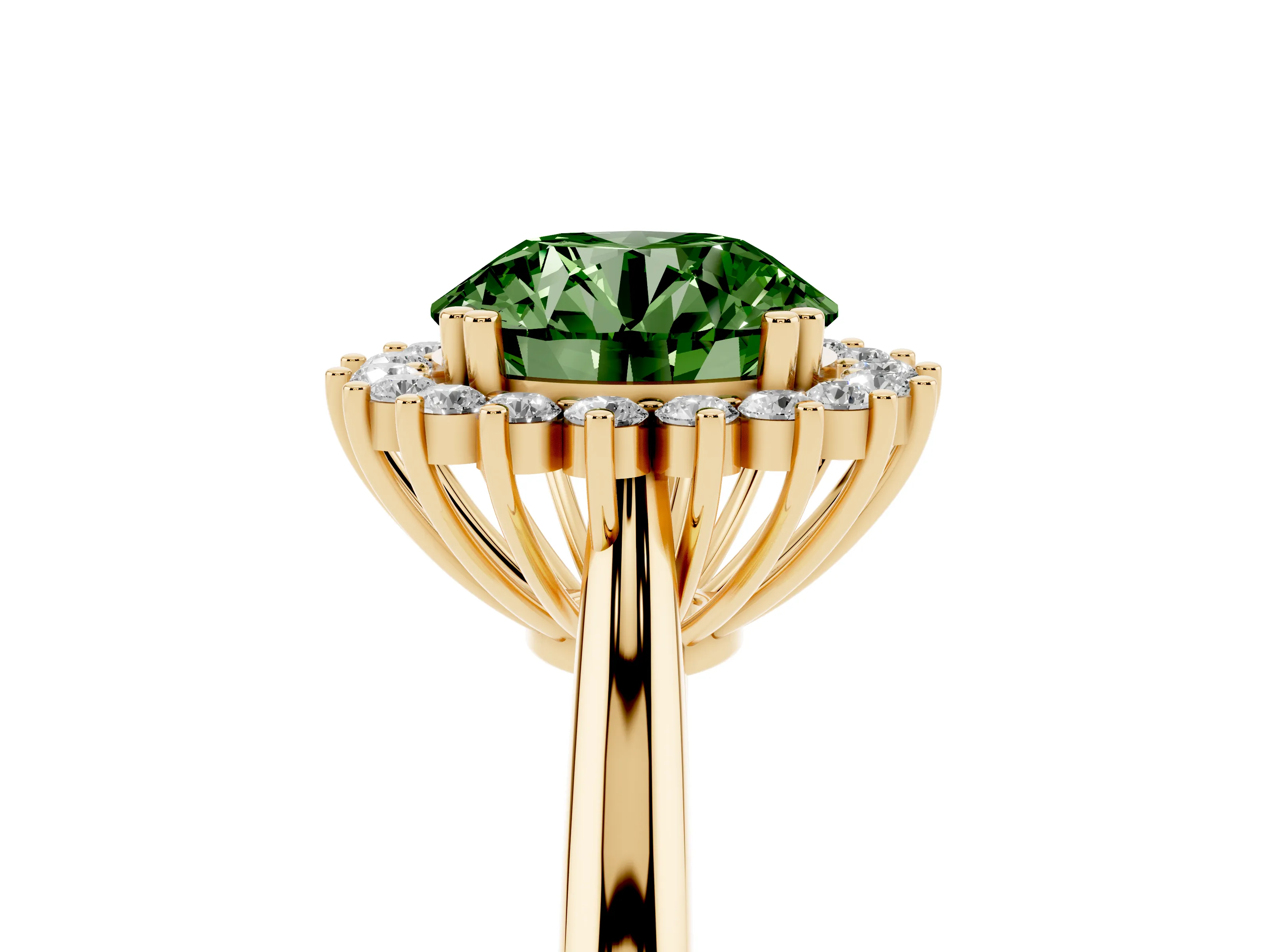 Fancy Green Round Cut Diamond Halo Ring Set in Yellow gold with Plain Solitaire Band and Prong Setting