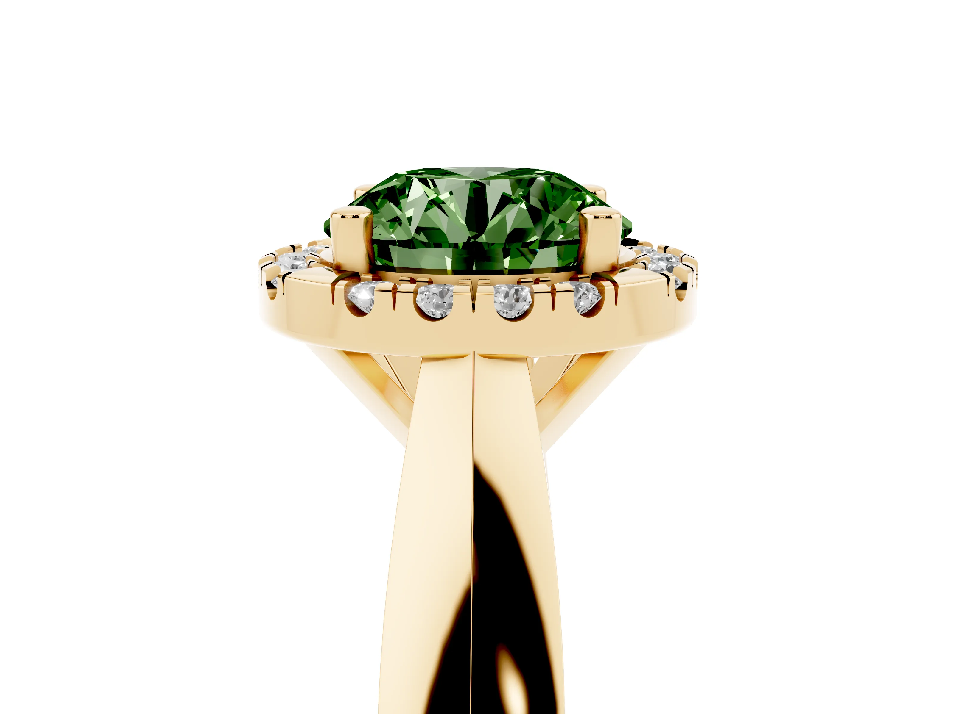 Fancy Green Round Cut Diamond Halo Solitaire Engagement Ring Set in Yellow gold with Square Band and Prong Setting