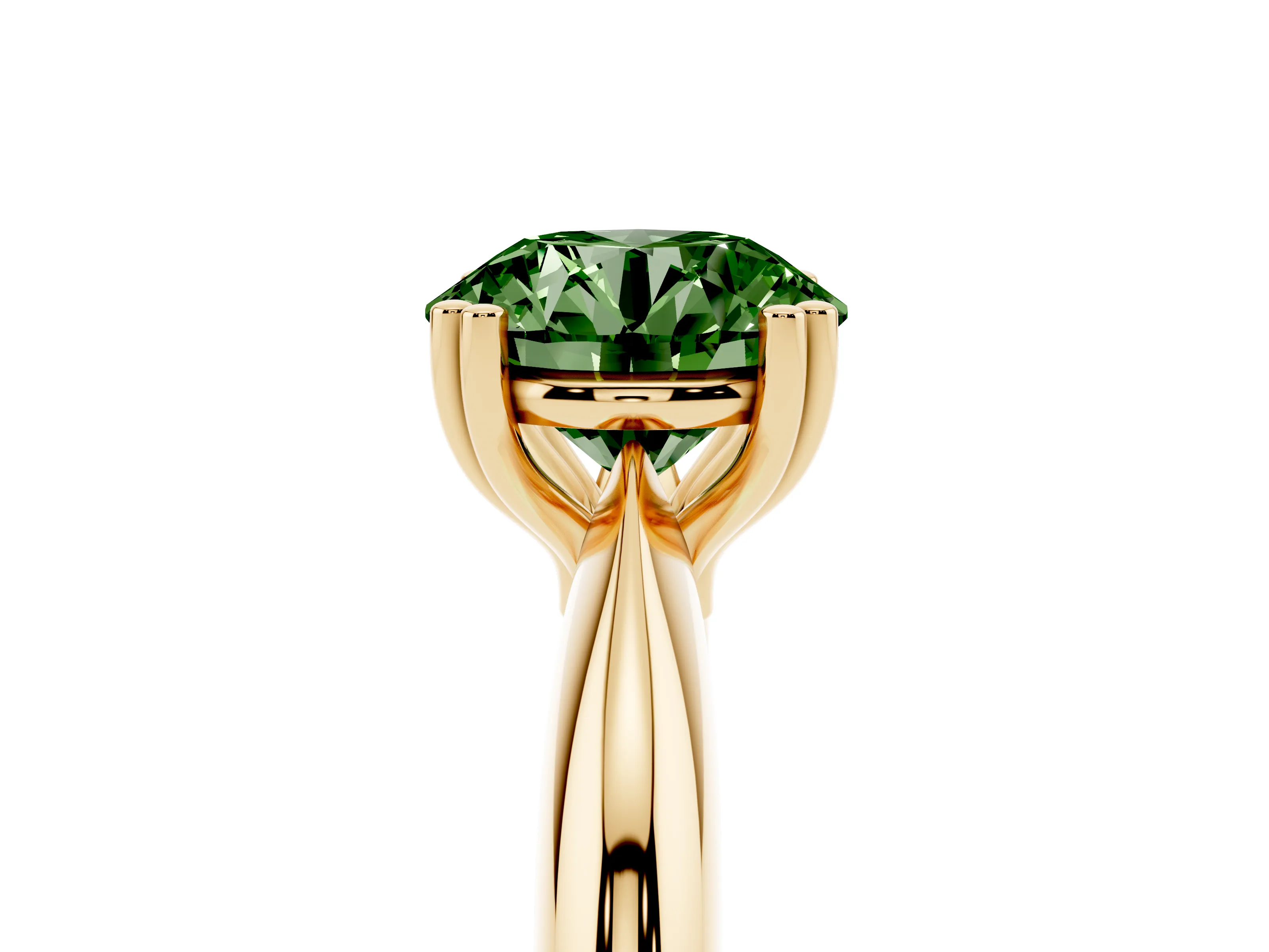 Fancy Green Round Cut Diamond Solitaire Engagement Ring Set in Yellow gold with Tapered Band and Prong Setting