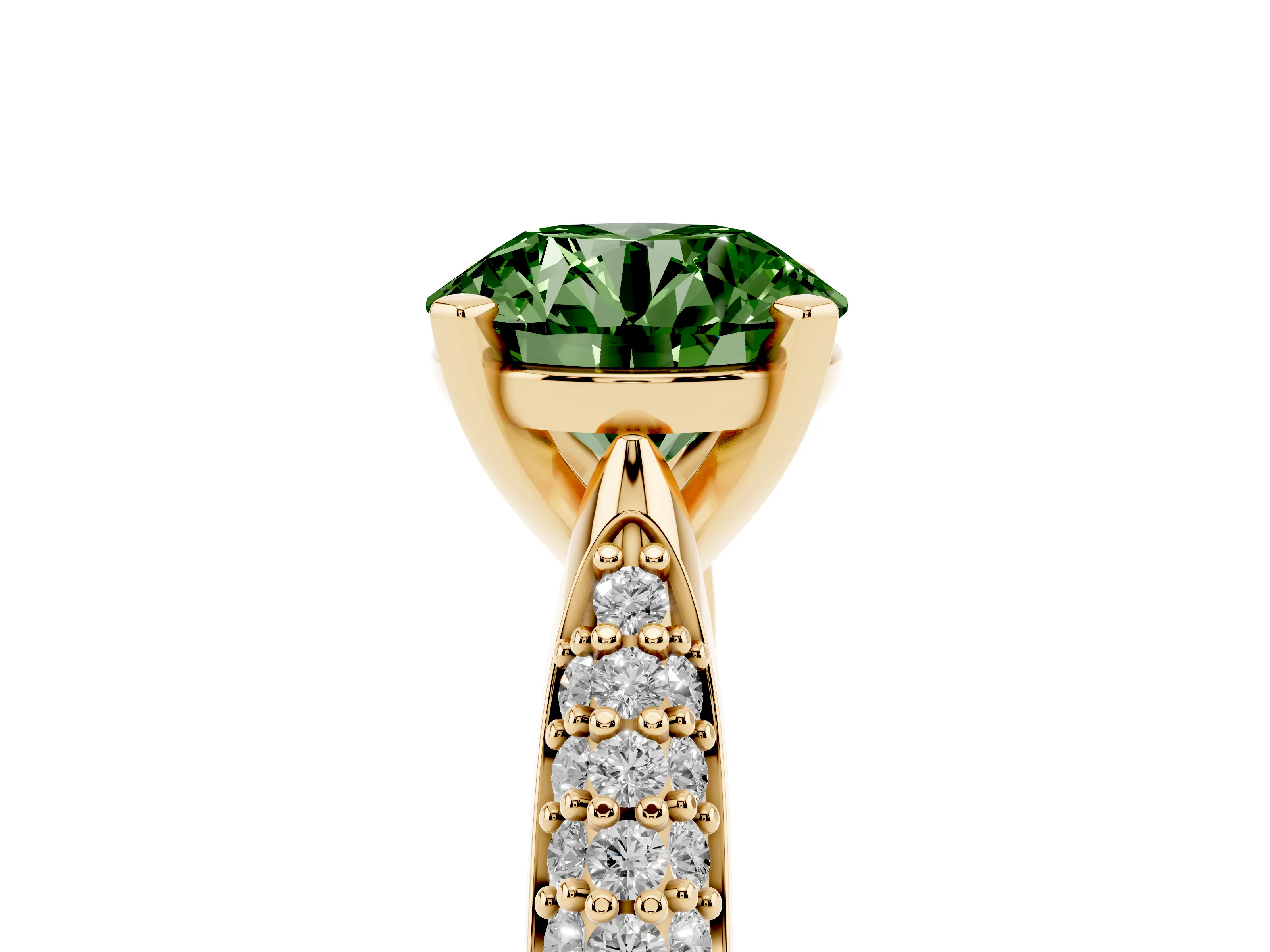 Fancy Green Round Cut Diamond Solitaire Engagement Ring Set in Yellow gold with Multi-Row Round Pavé Band and Prong Setting