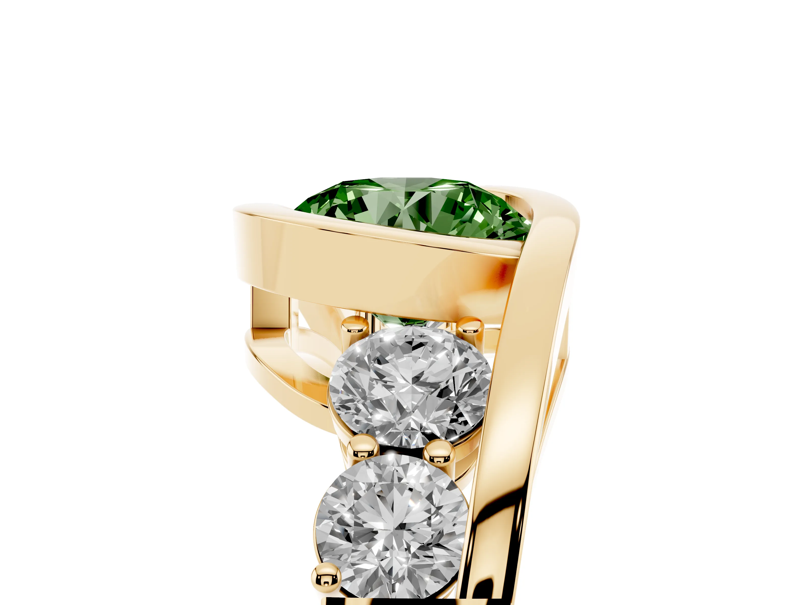 Fancy Green Round Cut Diamond Bezel Bypass Ring Set in Yellow gold with Round Accents