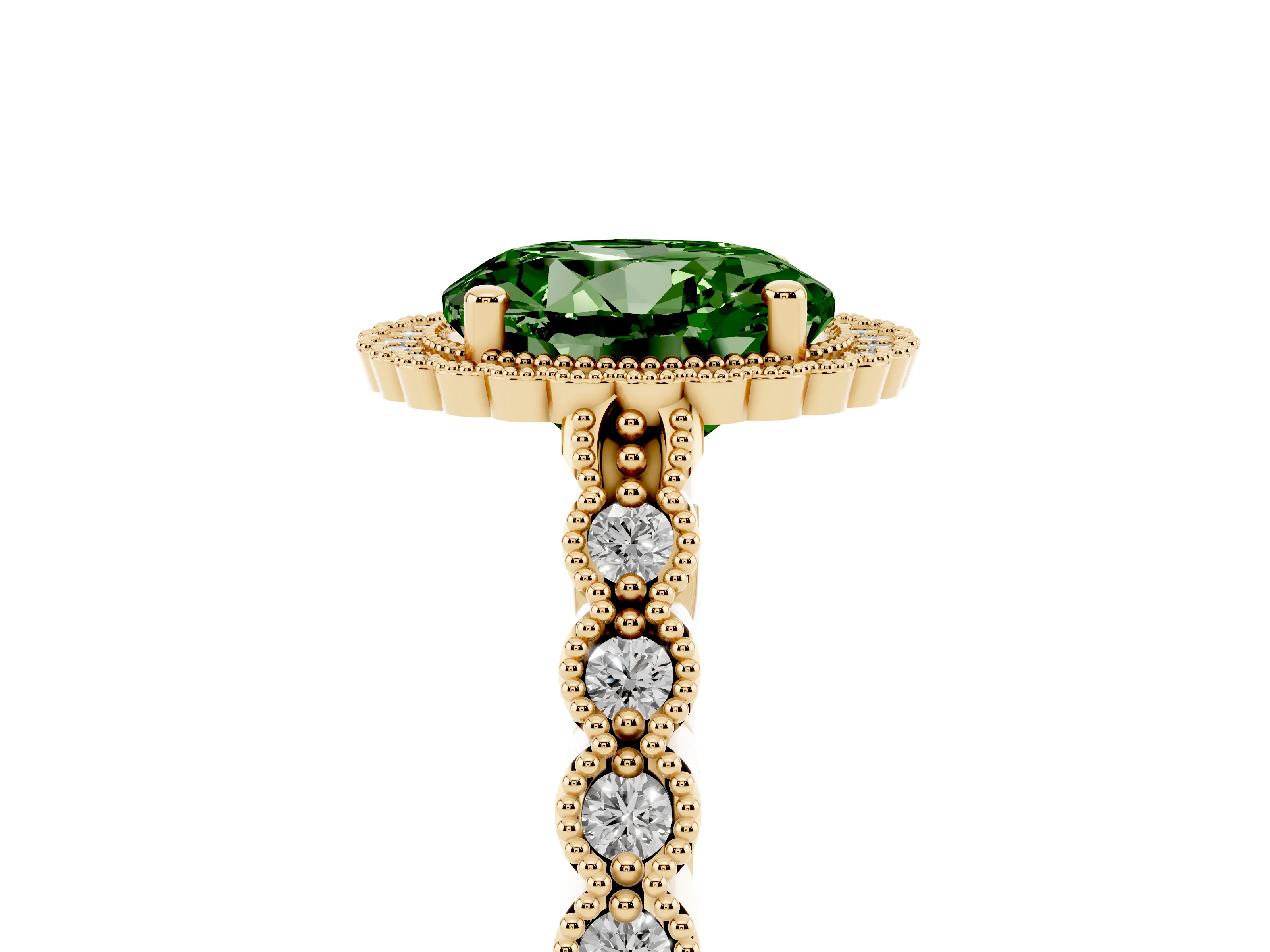 Fancy Green Round Cut Diamond Halo Ring Set in Yellow gold with Pavé Milgrain Band