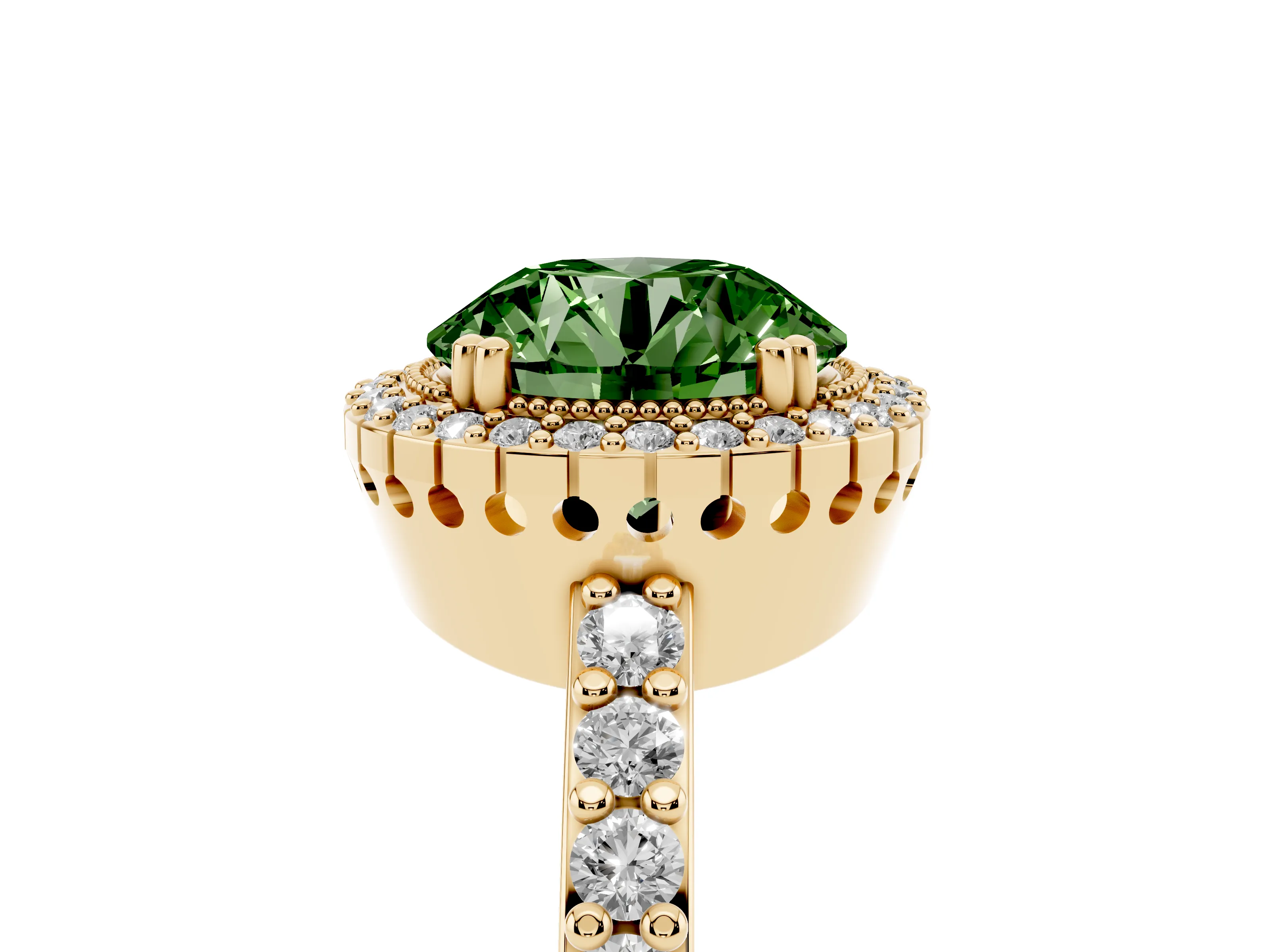 Fancy Green Round Cut Diamond Halo Engagement Ring Set in Yellow gold with Milgrain Detail and Pavé Band
