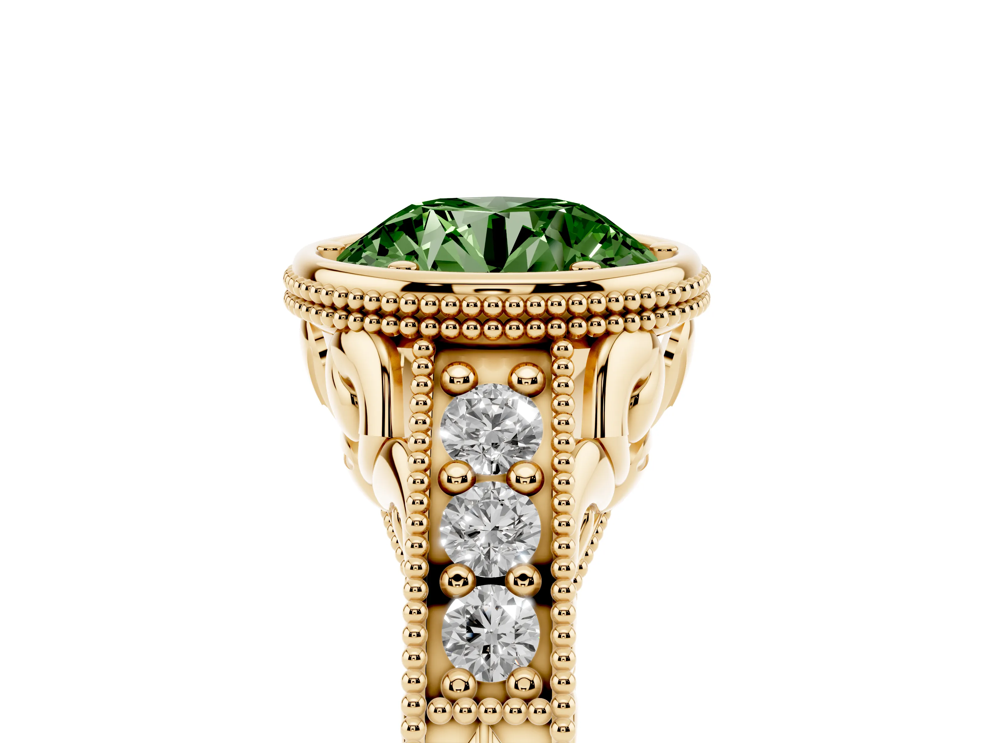 Fancy Green Bezel Set Round Cut Diamond Milgrain Pavé Engagement Ring Set in Yellow gold